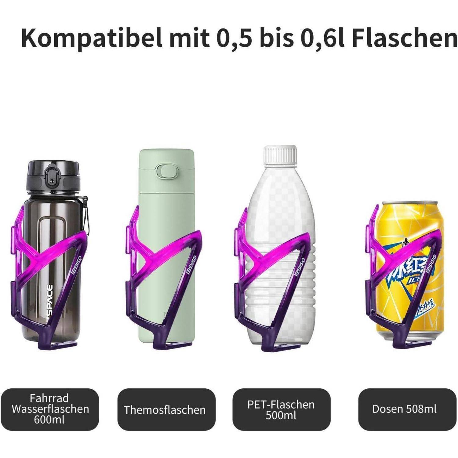 Halterung für Flaschen und Dosen kompatibel mit 0,5 bis 0,6 l Behältern; Beispiele zeigen Trinkflasche für Fahrräder, Thermoskanne, PET-Flasche und 508 ml Dose.