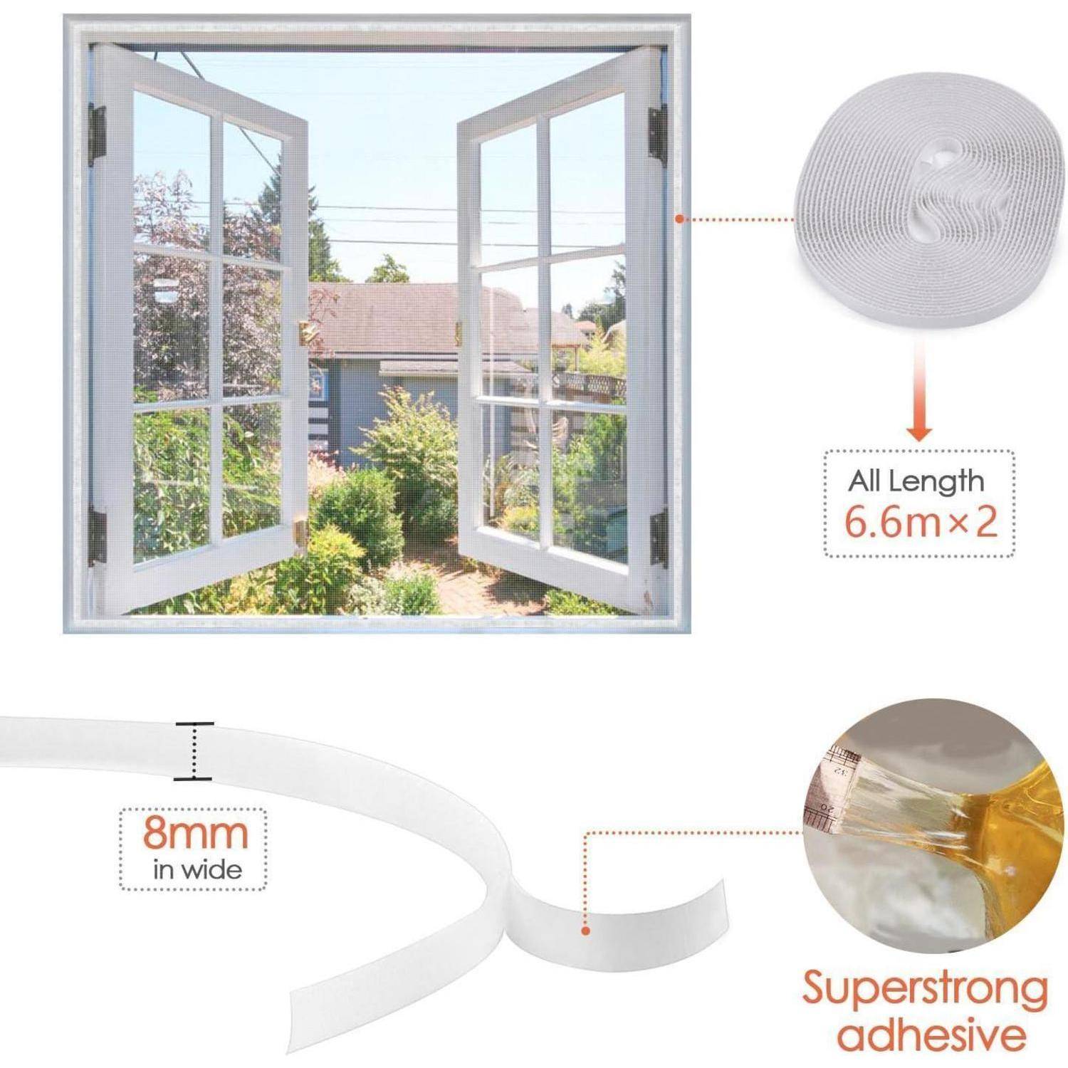 Weiße Klebeband-Fensterfliegengitterrolle für offene Fenster, beschriftet mit „Gesamtlänge 6,6 m × 2