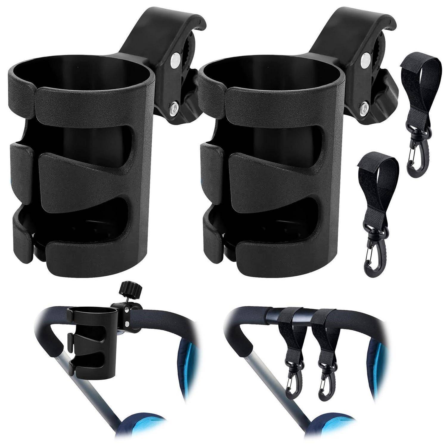 Schwarzes Getränkehalter-Set für Kinderwagen mit Clip-On-Halterungen und abnehmbaren Riemen, dargestellt in zwei Konfigurationen an einem Kinderwagenbügel befestigt.