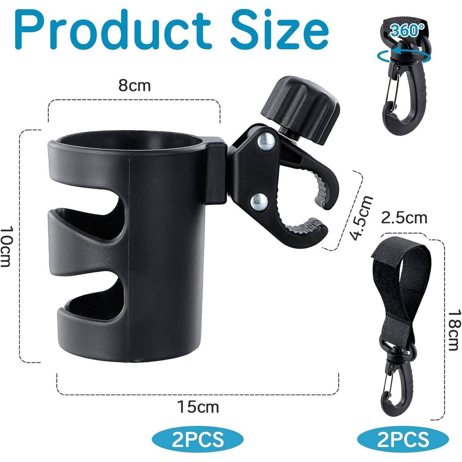 Produktgrößendiagramm einer schwarzen 2-teiligen Getränkehalterung mit Klammer: Die Hauptgetränkehalterung ist 10 cm hoch und 8 cm breit, Gesamtlänge 15 cm; enthält eine 360-Grad-Klemmzubehör und einen Riemen, beide als 2 STÜCK dargestellt.