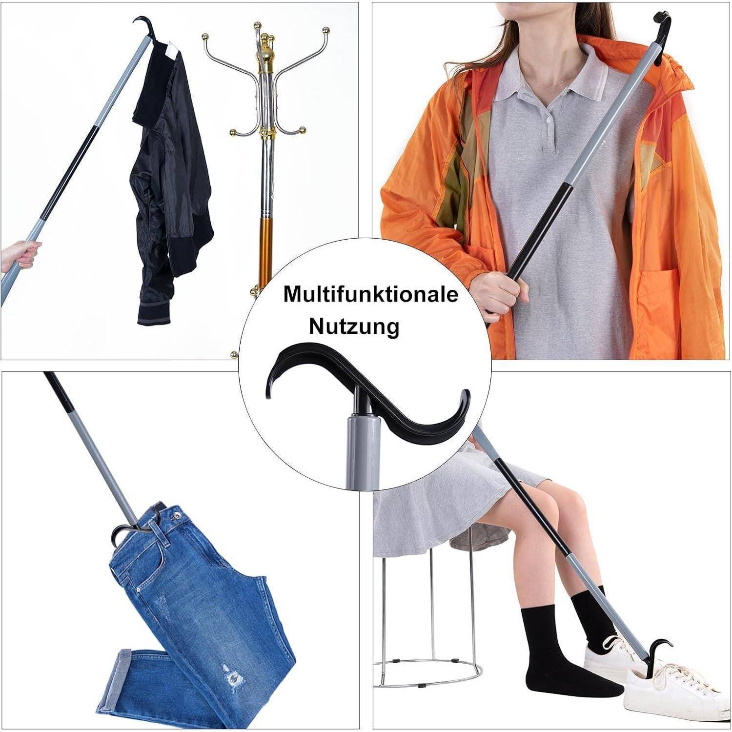 Werbekollage mit einem multifunktionalen Greifwerkzeug zum Aufsammeln von Kleidung, zum Aufhängen von Kleidungsstücken und zum Abrufen von Schuhen oder Jeans.