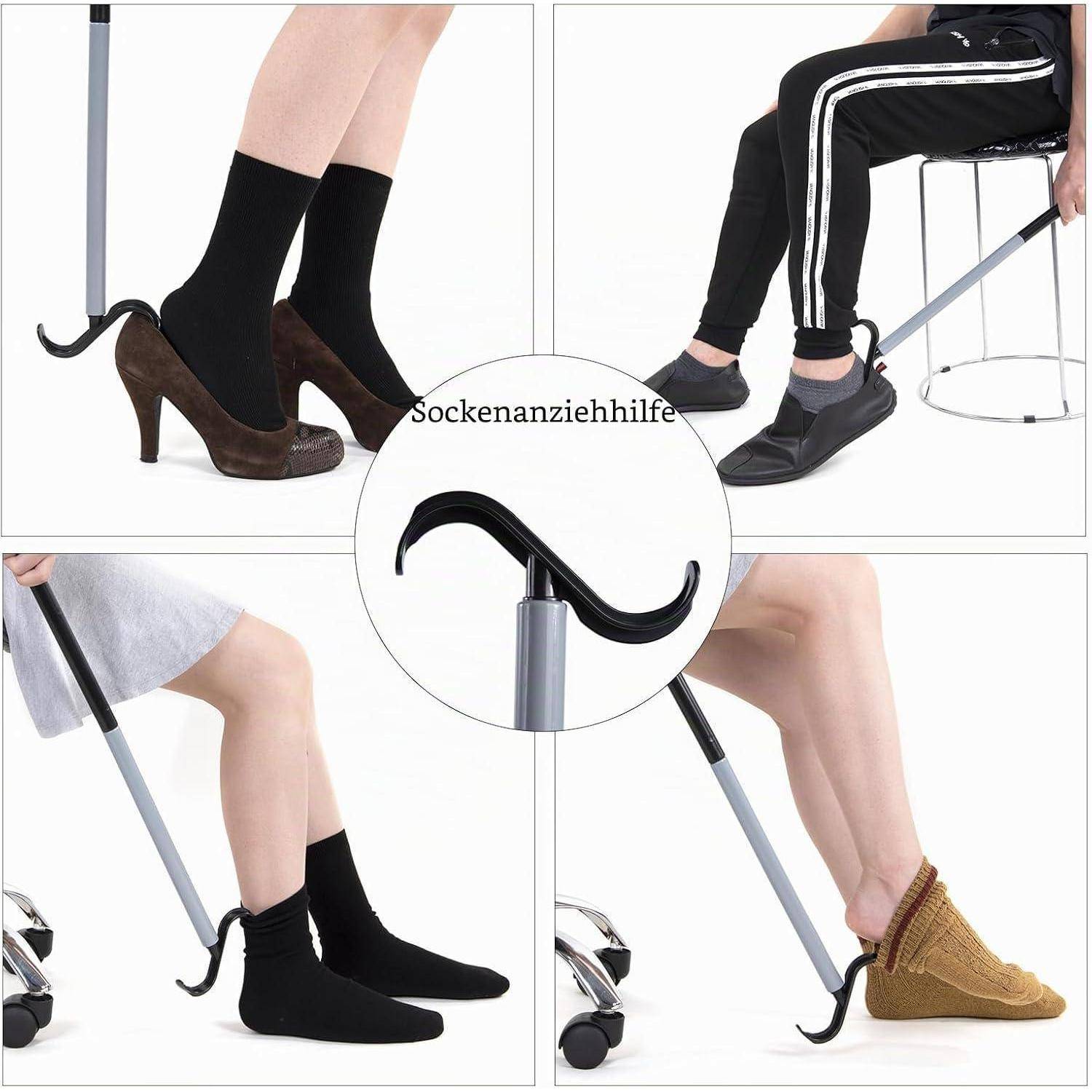 Collage zeigt eine Sockenanziehhilfe, die Menschen hilft, Socken und Schuhe im Sitzen anzuziehen, mit einer Nahaufnahme des hakenförmigen Geräts mit der Bezeichnung 
