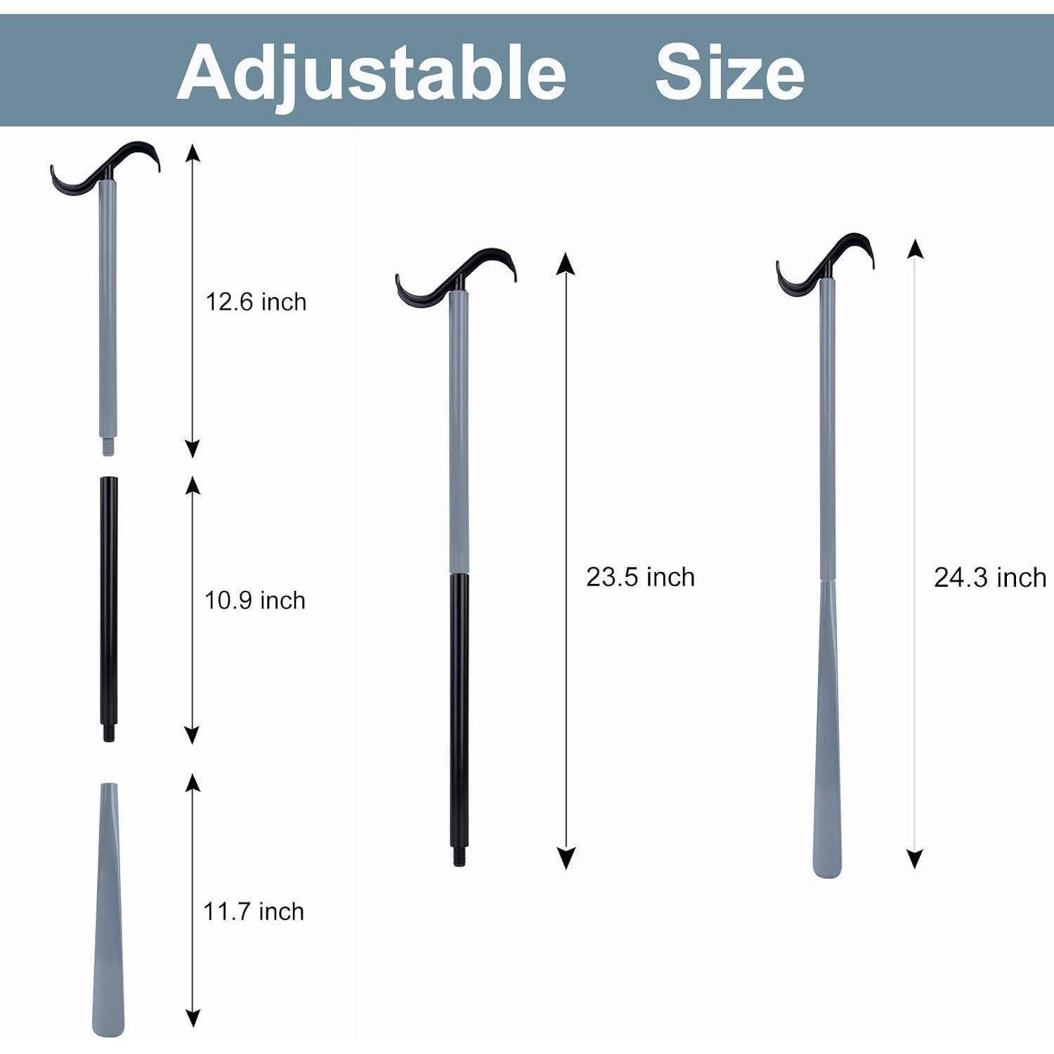 Diagramm, das einen verstellbaren Gehstock in drei Konfigurationen zeigt, mit beschrifteten Längen: 12,6 Zoll, 10,9 Zoll, 11,7 Zoll, 23,5 Zoll und 24,3 Zoll.