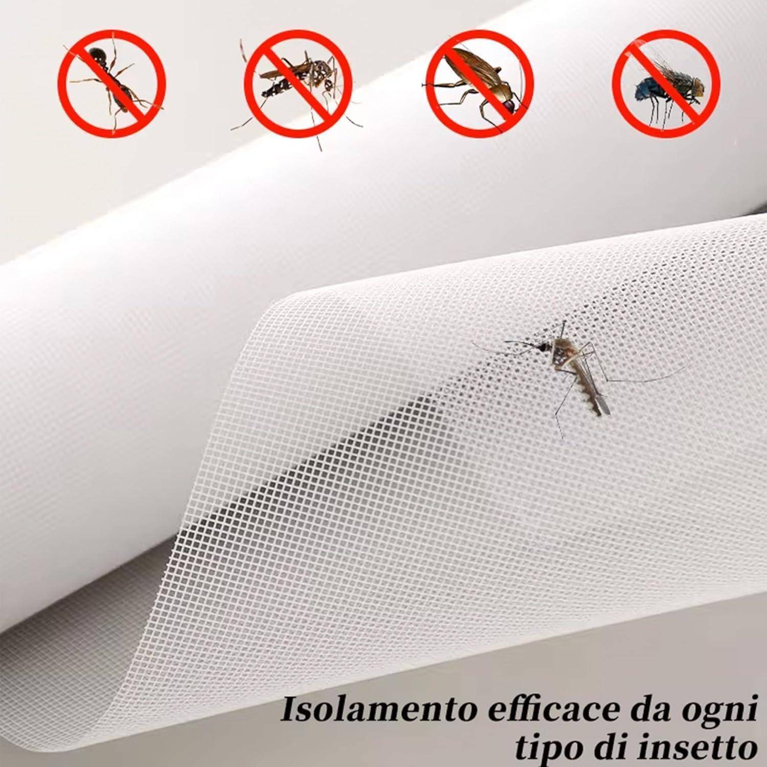 Mücken und andere Insekten werden durch ein schützendes Netzgitter blockiert, mit Symbolen, die verbotene Insekten zeigen, und dem Text „Wirksame Isolierung vor allen Insektenarten