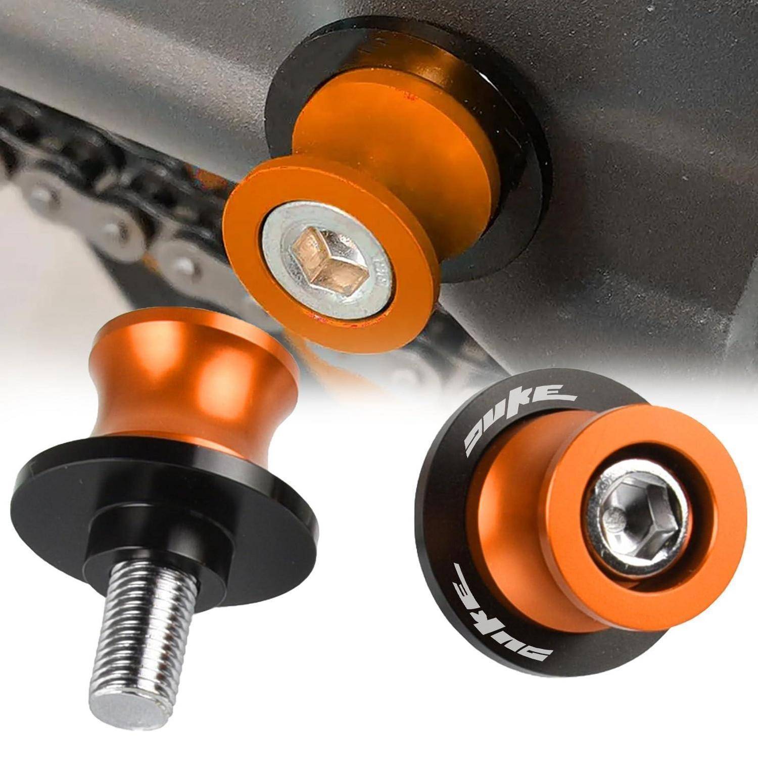 Drei orange und schwarze Motorrad-Spulenslider mit Bolzen, dargestellt als Nahaufnahmen von Produktfotos vor hellem Hintergrund.
