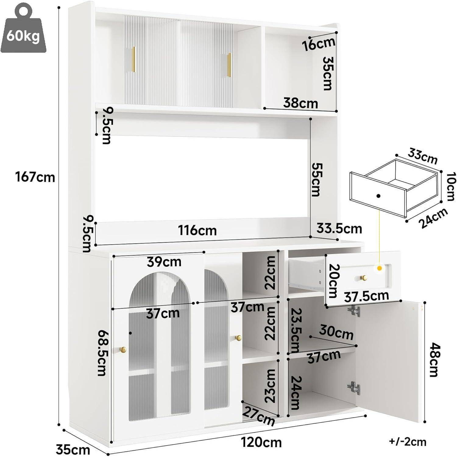 Dimensionsdiagramm einer weißen Wandaufbewahrungseinheit mit Schrank: 167 cm hoch, 120 cm breit, mit oberen Schränken, offenem Regal, unterem Schrank und Schublade; enthält ein Symbol für 60 kg Belastung und Schubladengröße 33 cm × 24 cm × 10 cm.