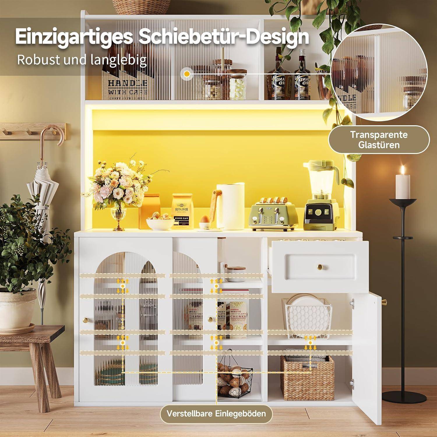 Weißer Schrank mit Schiebetüren und gerippten Glaspaneelen, beschriftet mit „Einzigartiges Schiebetür-Design