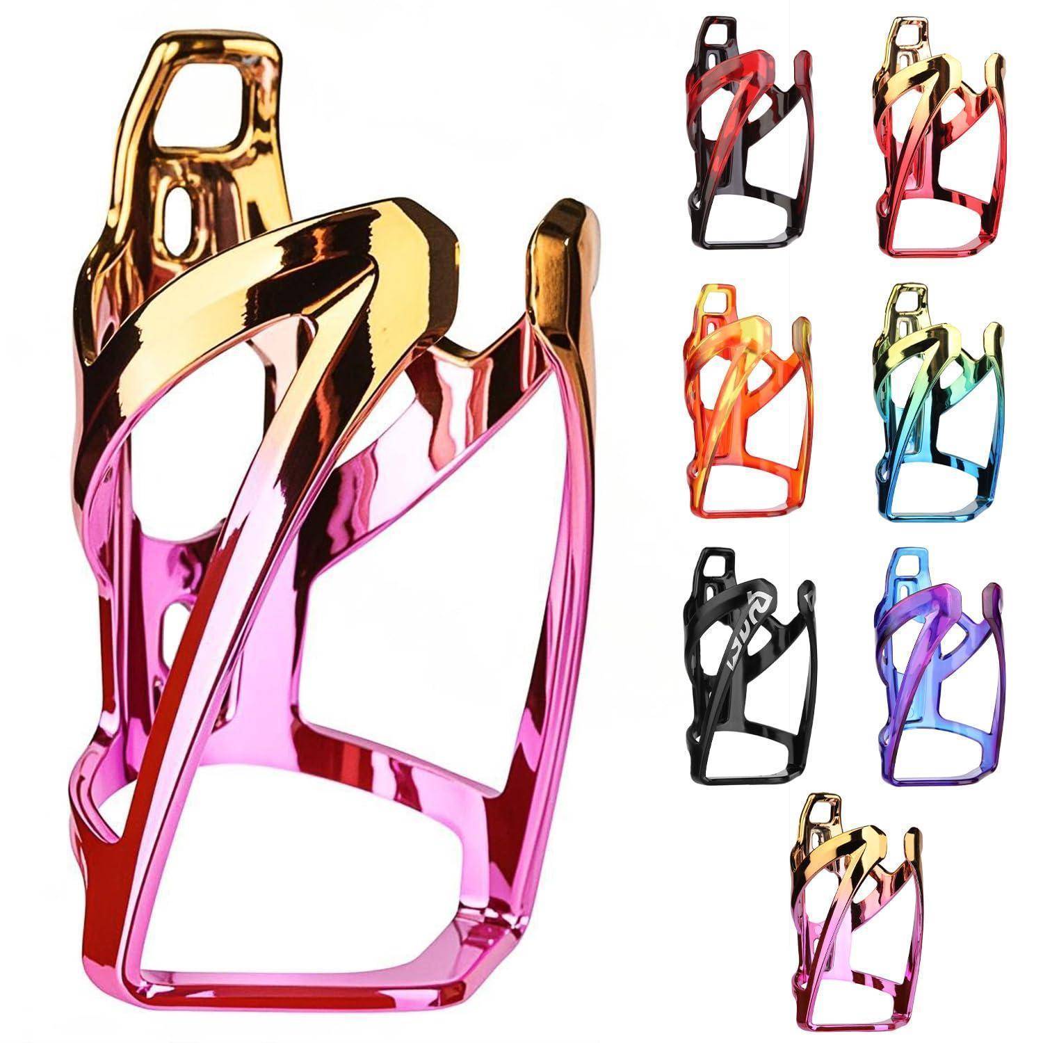 Collage mit bunten metallischen Fahrrad-Flaschenhaltern, mit einem großen rosa Halter auf der linken Seite und mehreren Farbvariationen auf der rechten Seite.