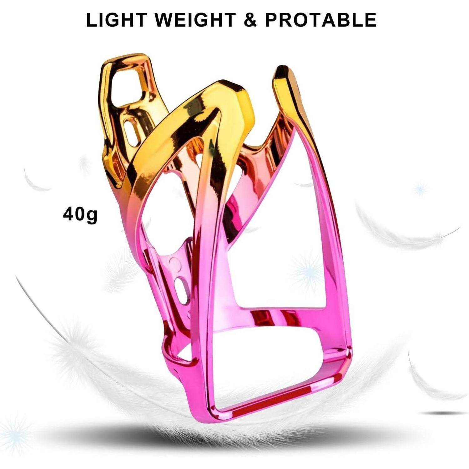 Rosa und goldenes leichtes Fahrrad-Trinkflaschenhalter mit Text „LIGHT WEIGHT & PROTABLE