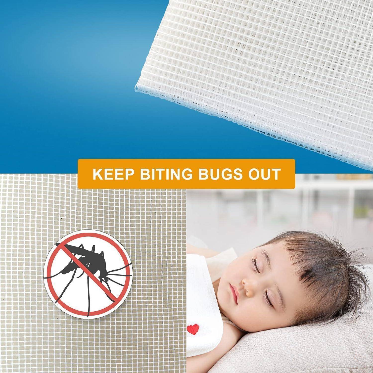 Moskitonetz mit "BEISSEN INSEKTEN FERNHALTEN"" Banner und Keine-Insekten-Symbol neben einem schlafenden Baby, das Insektenschutz zeigt.