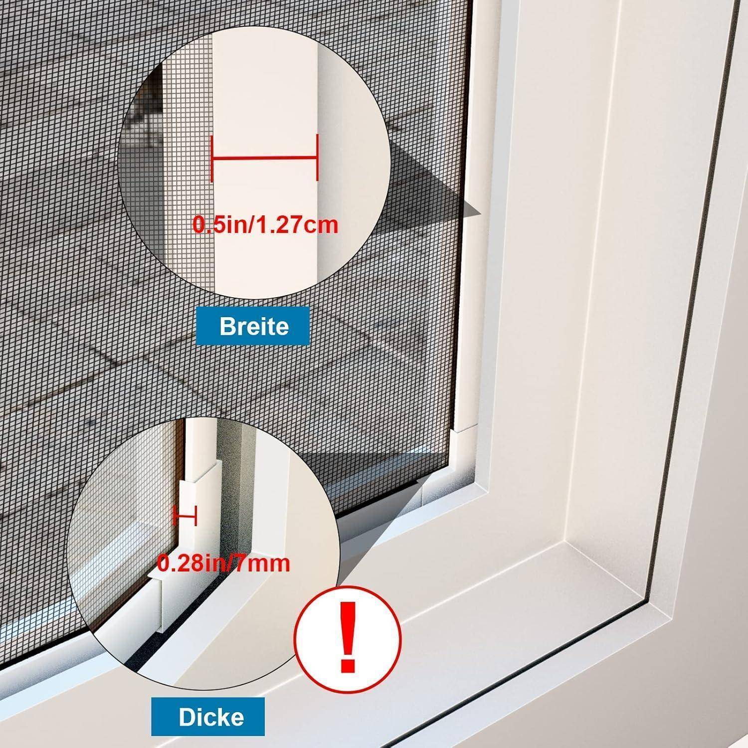 Eingesetzte Fensterbildschirm mit gemessener Breite von 0,5 Zoll/1,27 cm und Dicke von 0,28 Zoll/7 mm, mit Bezeichnungen „Breite