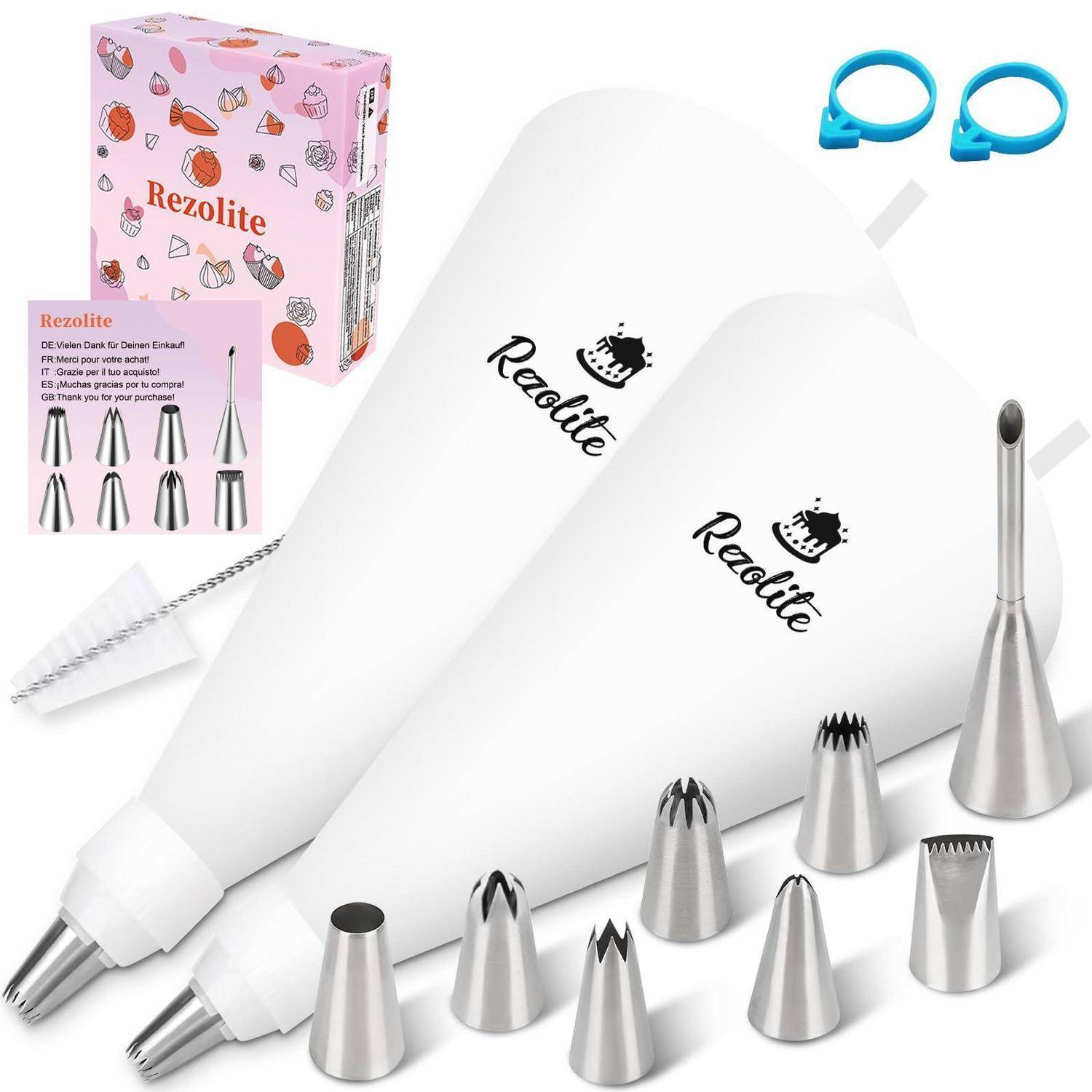 Rezolite Zuckerguss-Spritzbeutel-Set mit zwei weißen Spritzbeuteln, Metall-Dekorspitzen, blauen Kupplungen und Markenkennzeichnung auf weißem Hintergrund.