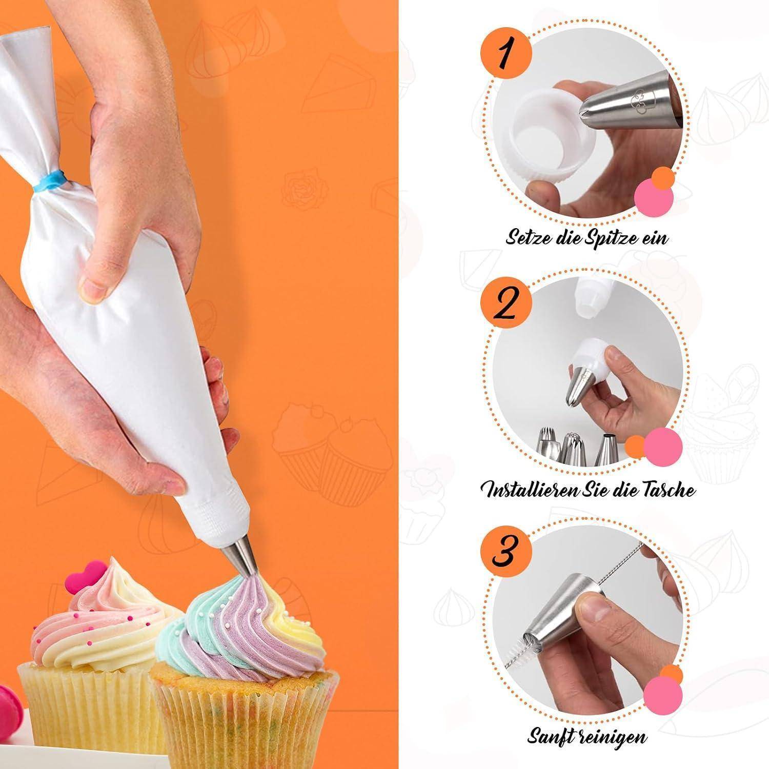 Anweisungsbild, das zeigt, wie man einen Spritzbeutel mit einer Metallspitze zum Verzieren eines Cupcakes verwendet; drei Schritte auf Deutsch: 'Setze die Spitze ein', 'Installieren Sie die Tasche', 'Sanft reinigen'.