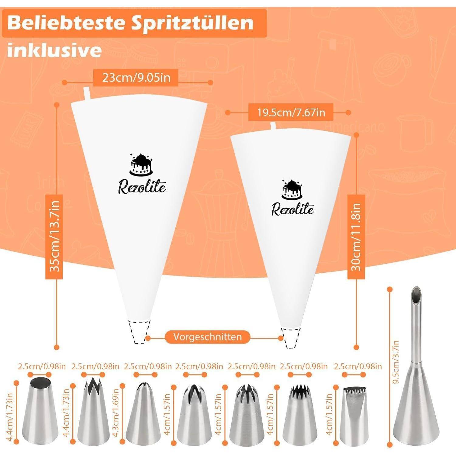 Infografik zu beliebten Spritzbeuteltülle in verschiedenen Größen, die zwei große Tüllenbeutel mit den Bezeichnungen 23cm/9,05in und 19,5cm/7,67in zeigt, sowie mehrere Metalldüsenformen mit Messangaben und 'Vorgeschnitten' gekennzeichnet.