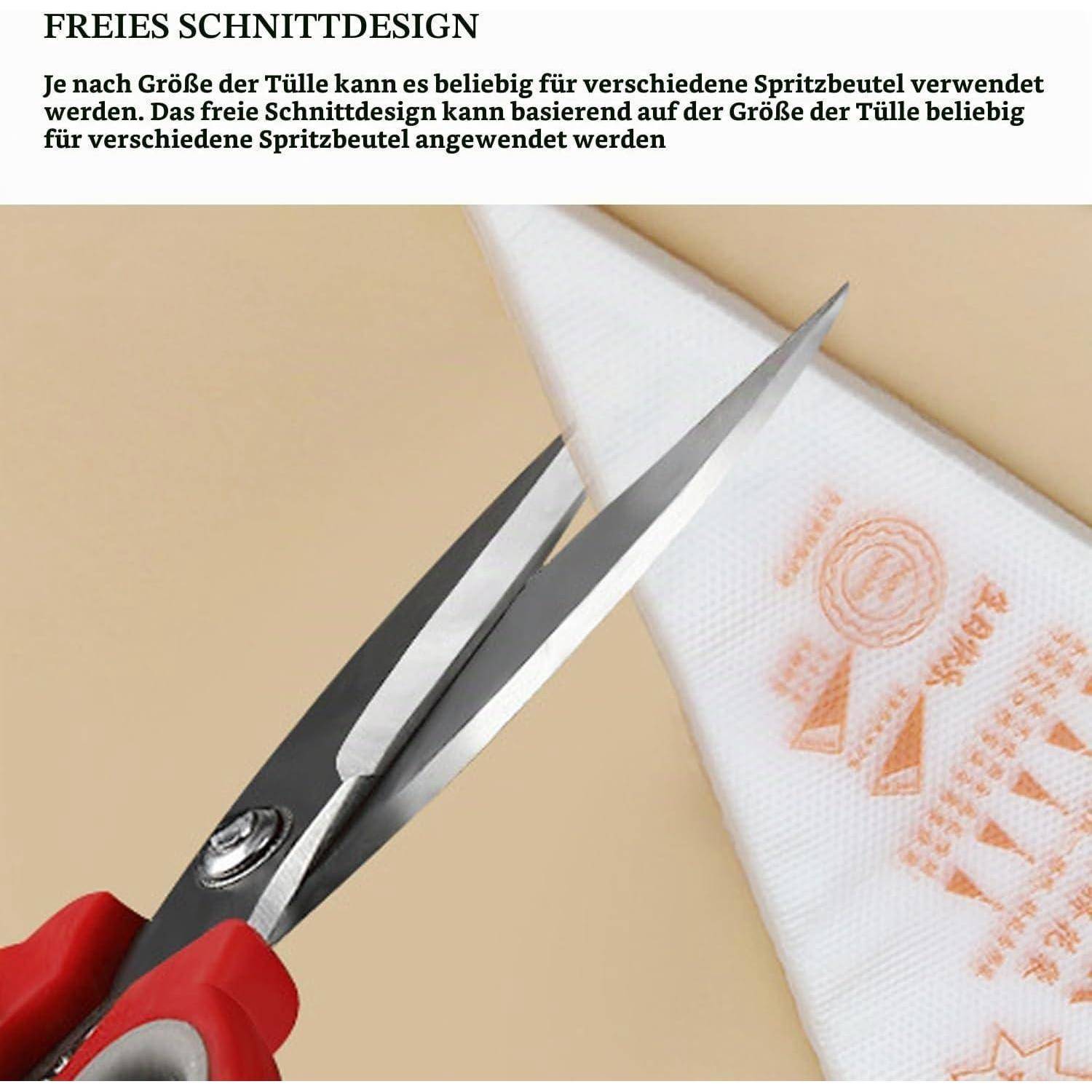 Schere schneidet die Spitze eines Gebäckspritzbeutels ab; der Text sagt „FREIES SCHNITTDESIGN