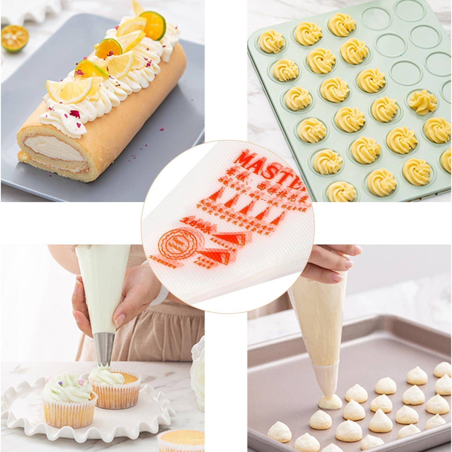 Collage mit einer aufgerollten Sahnetorte, spritzgefertigten Keksformen, Cupcake-Dekoration und einer Schablone zum Bestäuben mit rotem „MASTER