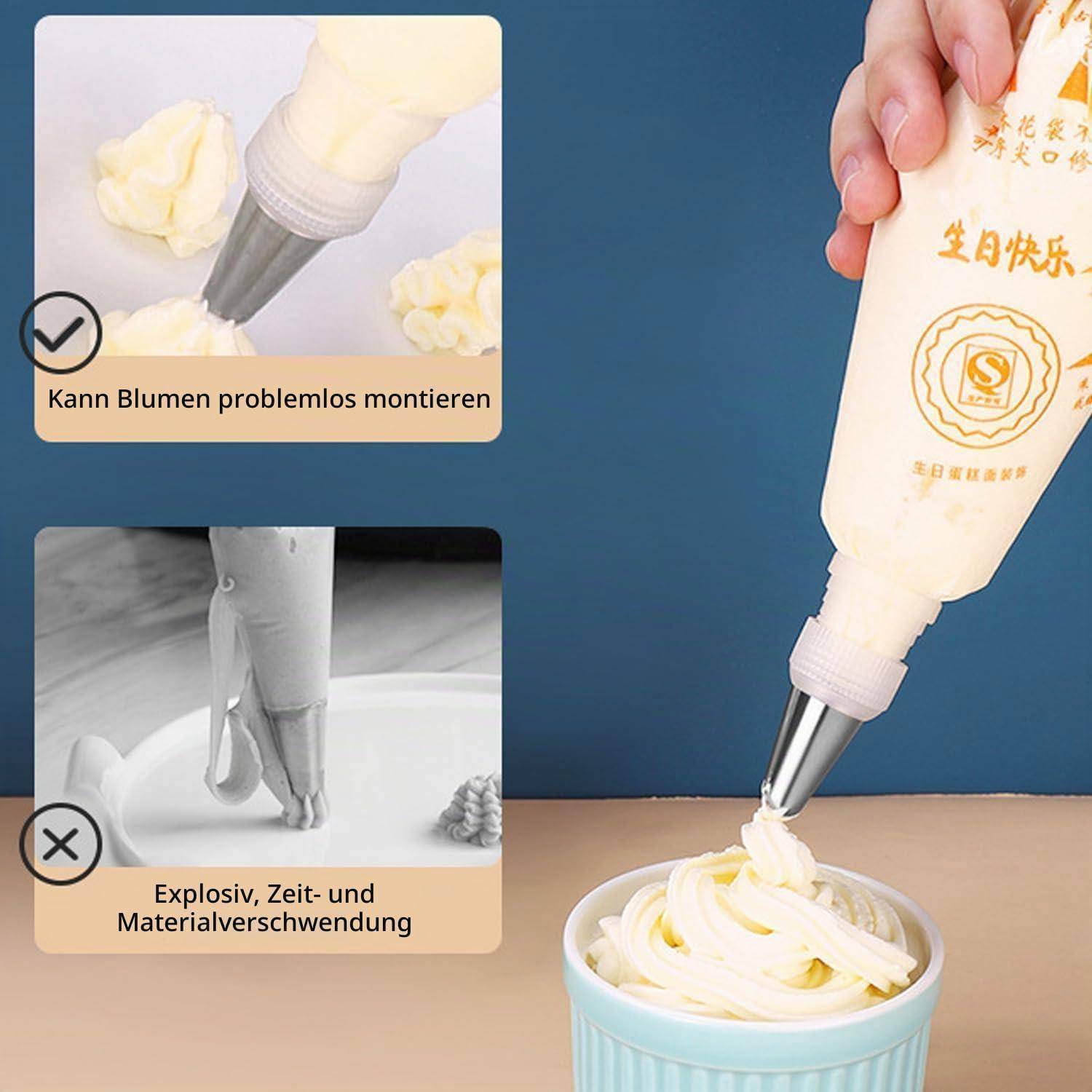 Rohre Zuckerguss aus einem Spritzbeutel in eine Tasse; Fotos im Ausschnitt vergleichen einfache Blütenspitzen mit einem Häkchen gegenüber unordentlichem, verschwendetem Spritzen mit einem X.