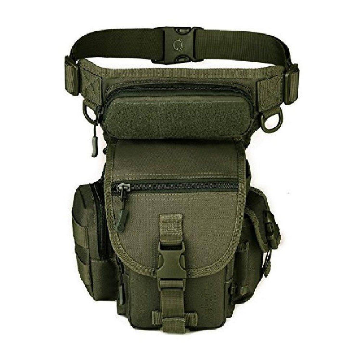 Olivgrüne taktische Oberschenkeltasche mit verstellbaren Hüft- und Beingurten, mehreren verschließbaren Taschen mit Reißverschluss und einer vorderen Schnallenverschlusses auf weißem Hintergrund.
