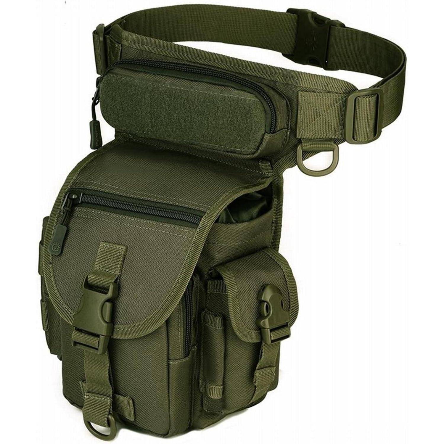 Olivgrüne taktische Oberschenkeltasche mit verstellbaren Gurt- und Beinriemen, Frontklapptasche und Seitentaschen auf weißem Hintergrund.