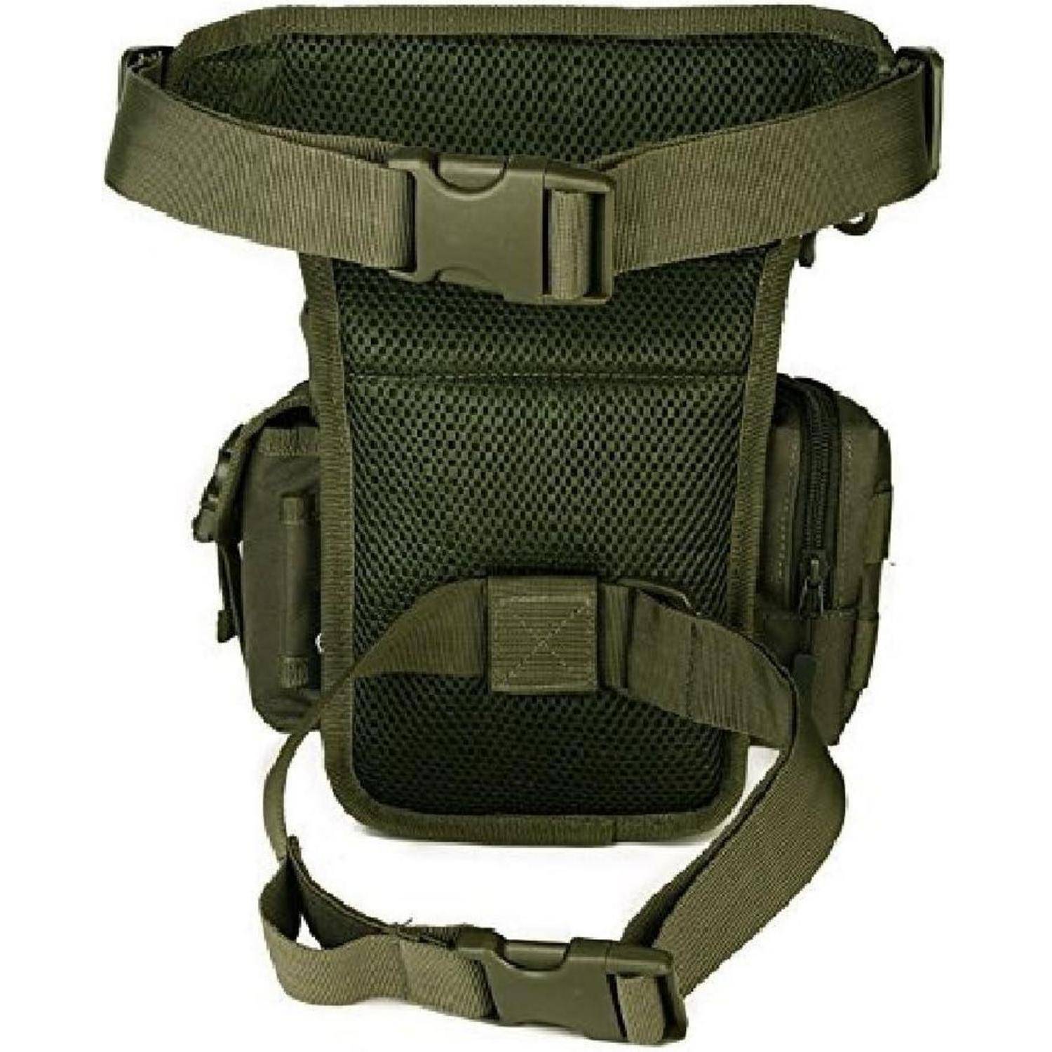 Olivgrüne taktische Oberschenkelholster mit verstellbaren Hüft- und Beinriemen, gepolsterter Mesh-Rückseite und seitlichen Taschen.