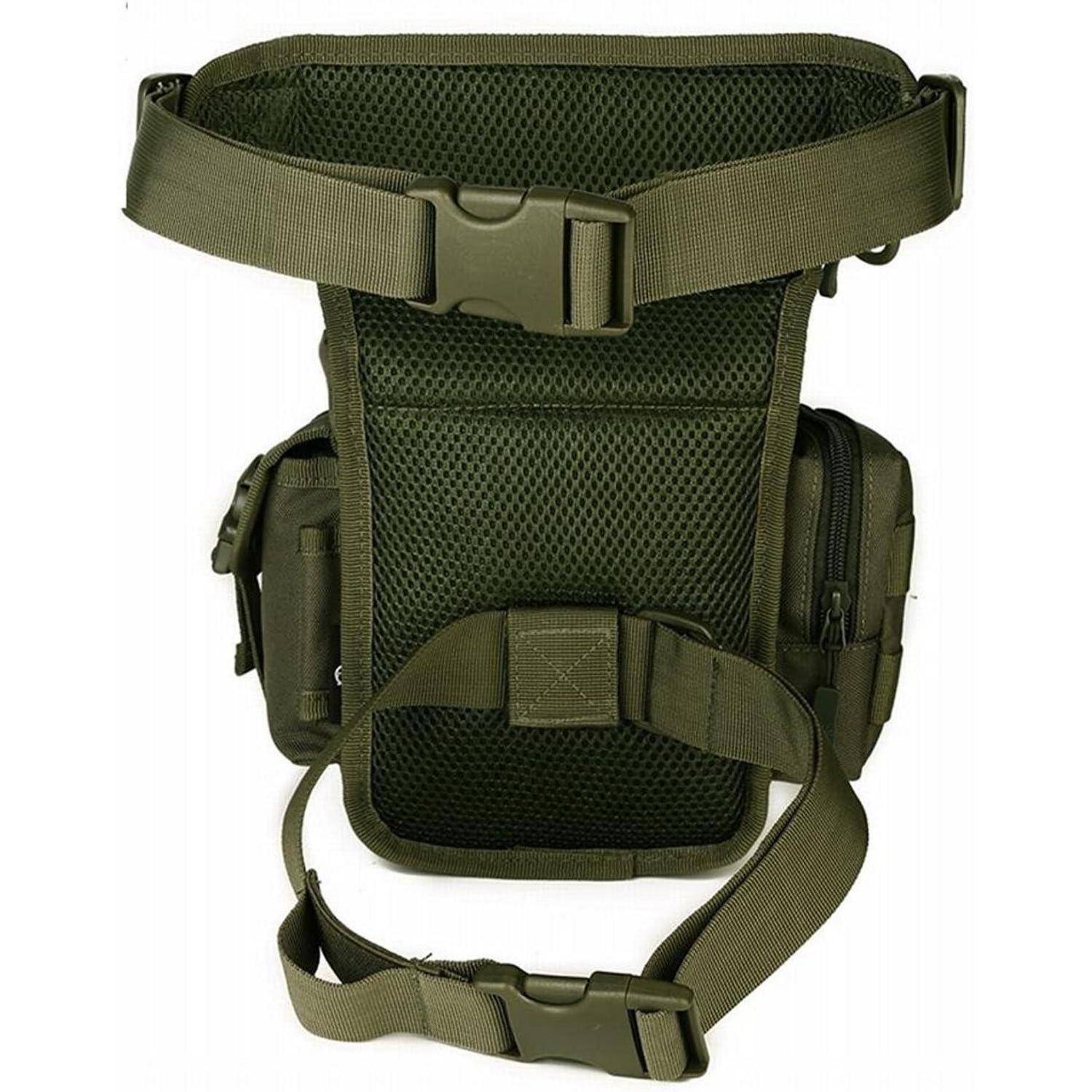 Grünes taktisches Beinholster mit verstellbaren Riemen und Seitentaschen, Vorderansicht auf weißem Hintergrund.