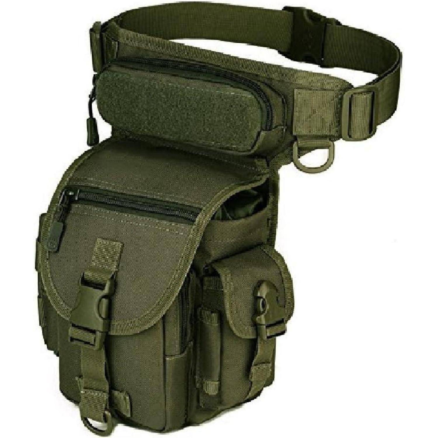 Olivgrüne taktische Oberschenkeltasche mit verstellbaren Hüft- und Beingurten, mehreren Reißverschlusstaschen und Klappenver­schlüssen auf weißem Hintergrund.