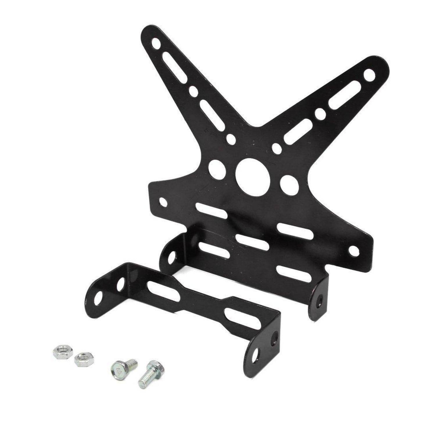 Schwarze verstellbare TV-Wandhalterung mit unten abgebildeten Montagehardware-Teilen.