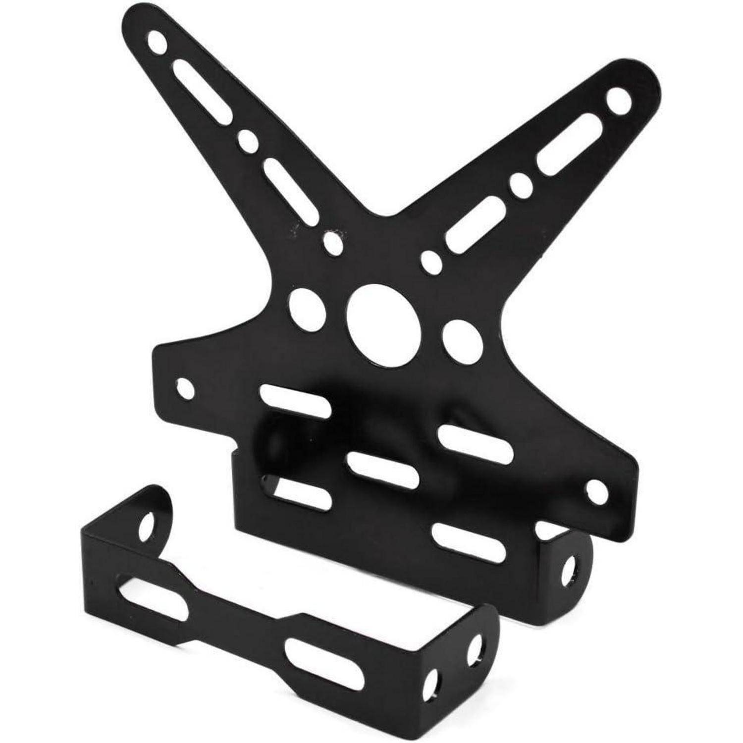 Schwarzes Metall-TV-Wandmontageelement mit verstellbaren Armen und Schlitzlöchern, dargestellt mit einem kleineren Halterungsteil auf weißem Hintergrund.