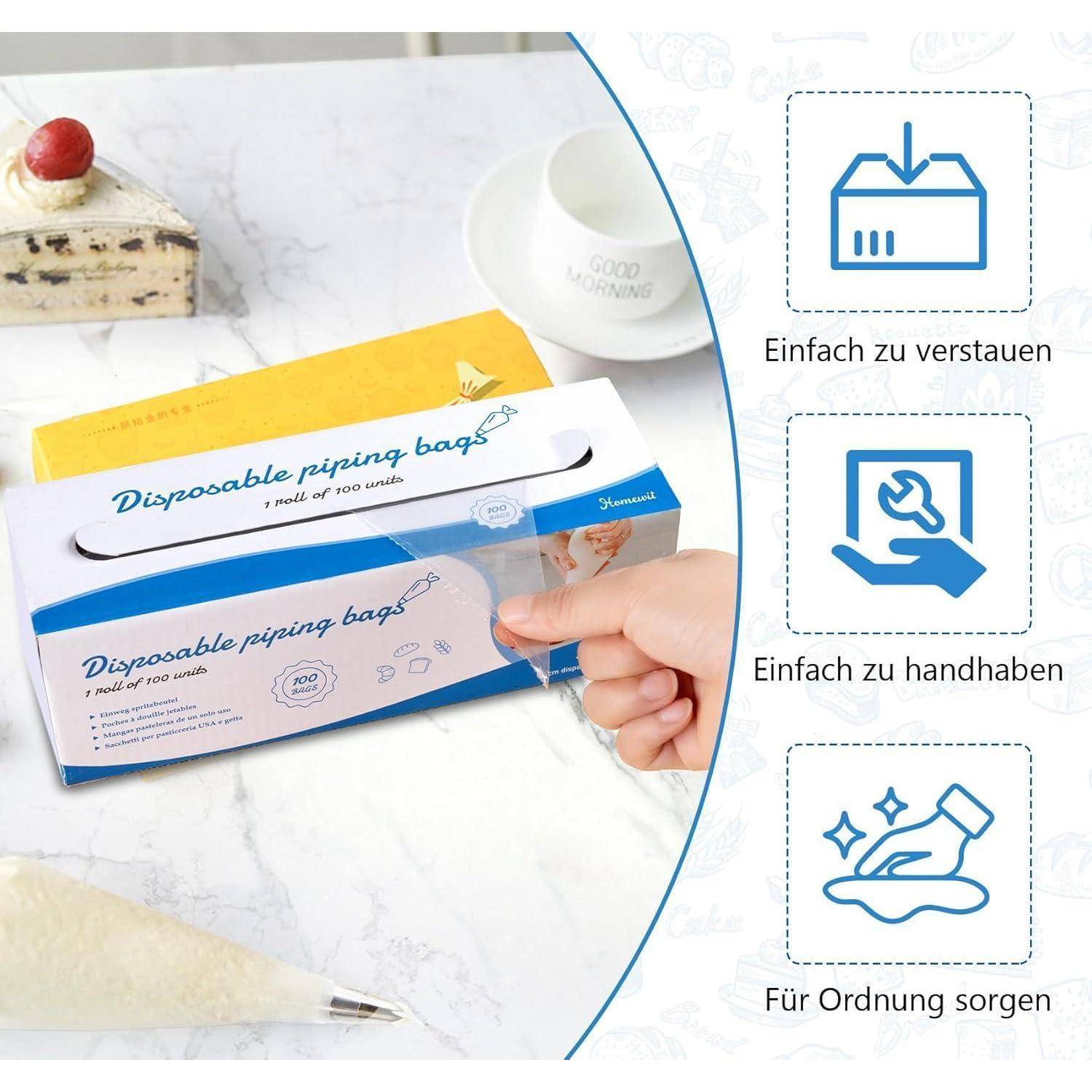 Einwegspritzbeutel in einer Schachtel werden herausgezogen; auf der rechten Seite stehen Symbole und deutscher Text mit den Aufschriften „Einfach zu verstauen