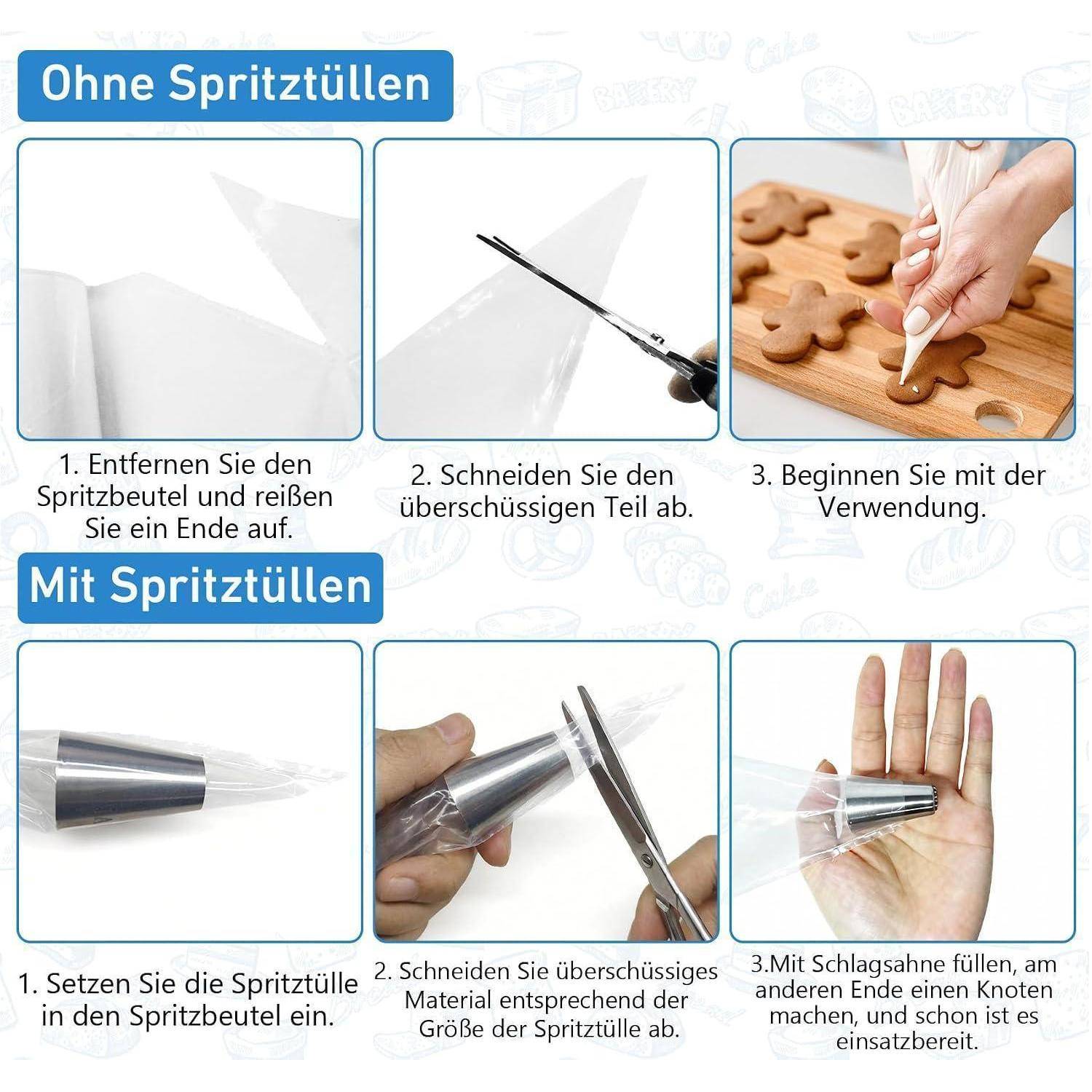 Einweg Spritzbeutel 100 Stück 40x30cm mit 5 Tüllen
