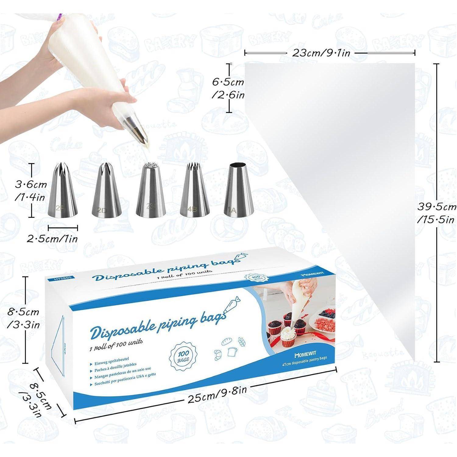 Entsorgbarer Spritzbeutel-Set mit 100 Beuteln, fünf Metallspritztüllen und Aufbewahrungsbox; Abmessungen sind auf der Verpackung und der Beutelgröße gekennzeichnet.