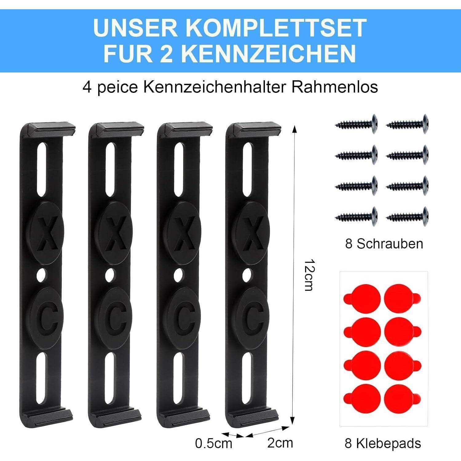 4-teiliger rahmenloser Kennzeichenhalter-Set für 2 Nummernschilder, gezeigt mit 8 Schrauben, 8 Klebepads und Abmessungen 12 cm x 2 cm x 0,5 cm.