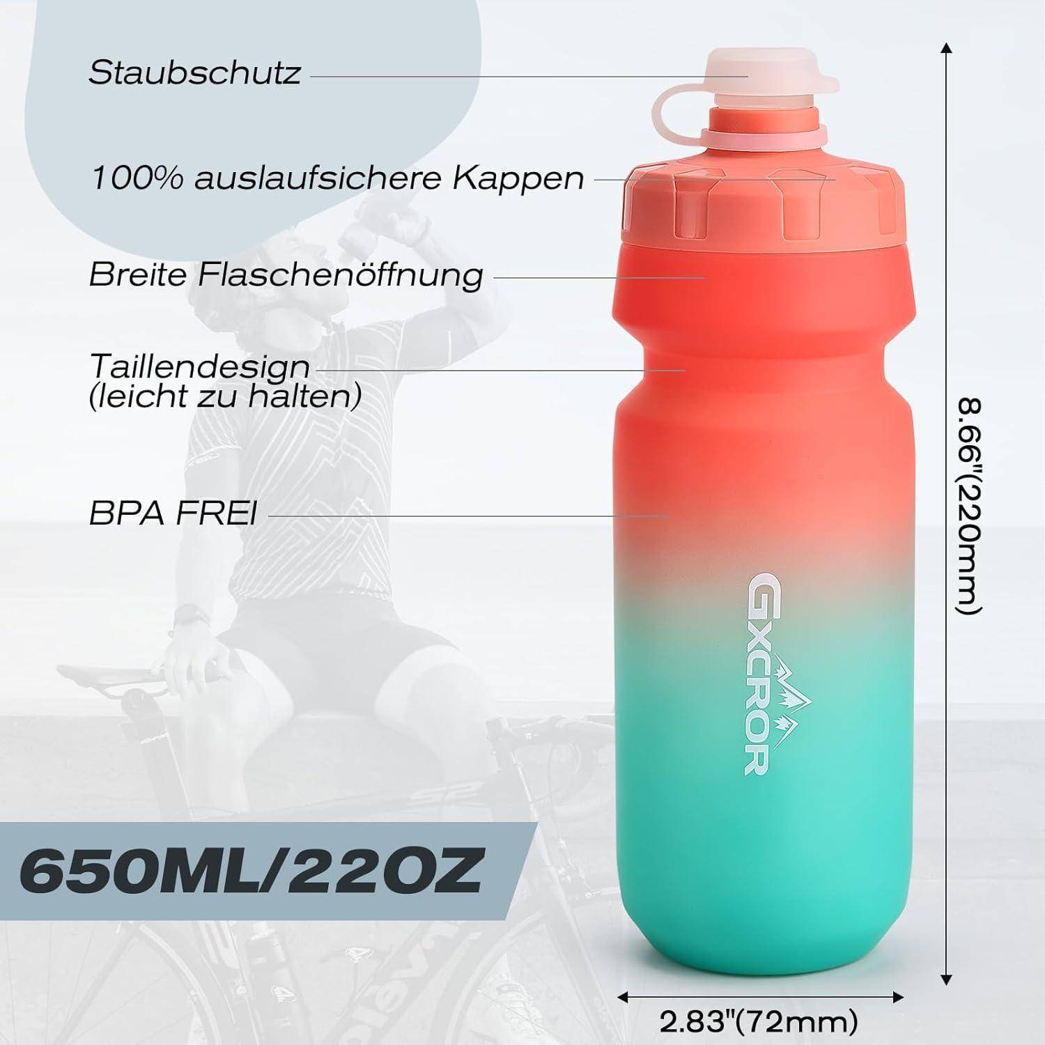 Produktbild einer 650 ml GXROR Wasserflasche mit Rot-zu-Blaugrün-Farbverlauf, gekennzeichnet als BPA-frei, breite Öffnung, auslaufsicherer Deckel und 8,66 Zoll Höhe.
