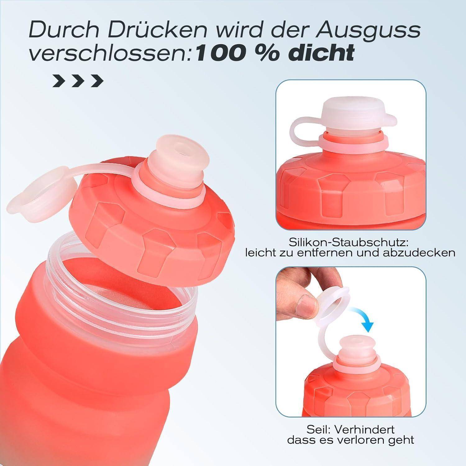 Rote Sporttrinkflasche mit Silikon-Staubkappe und Tragegurt; der Text besagt, dass das Drücken den Auslauf 100% dicht verschließt und den Verschlussverlust verhindert.