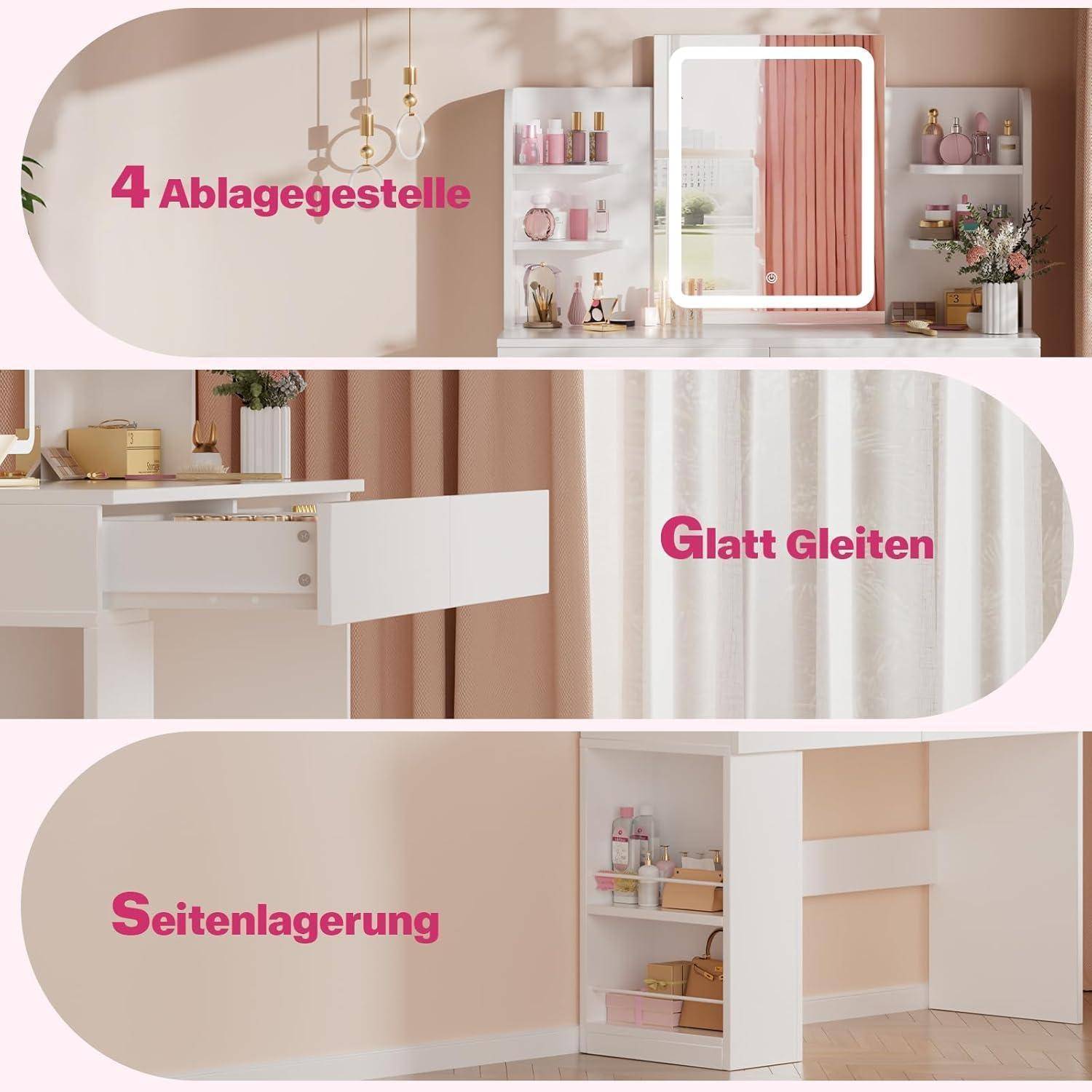 Dreiteiliges Produktgrafik eines weißen Schiebe-Waschtischschranks, das „4 Ablagestelle