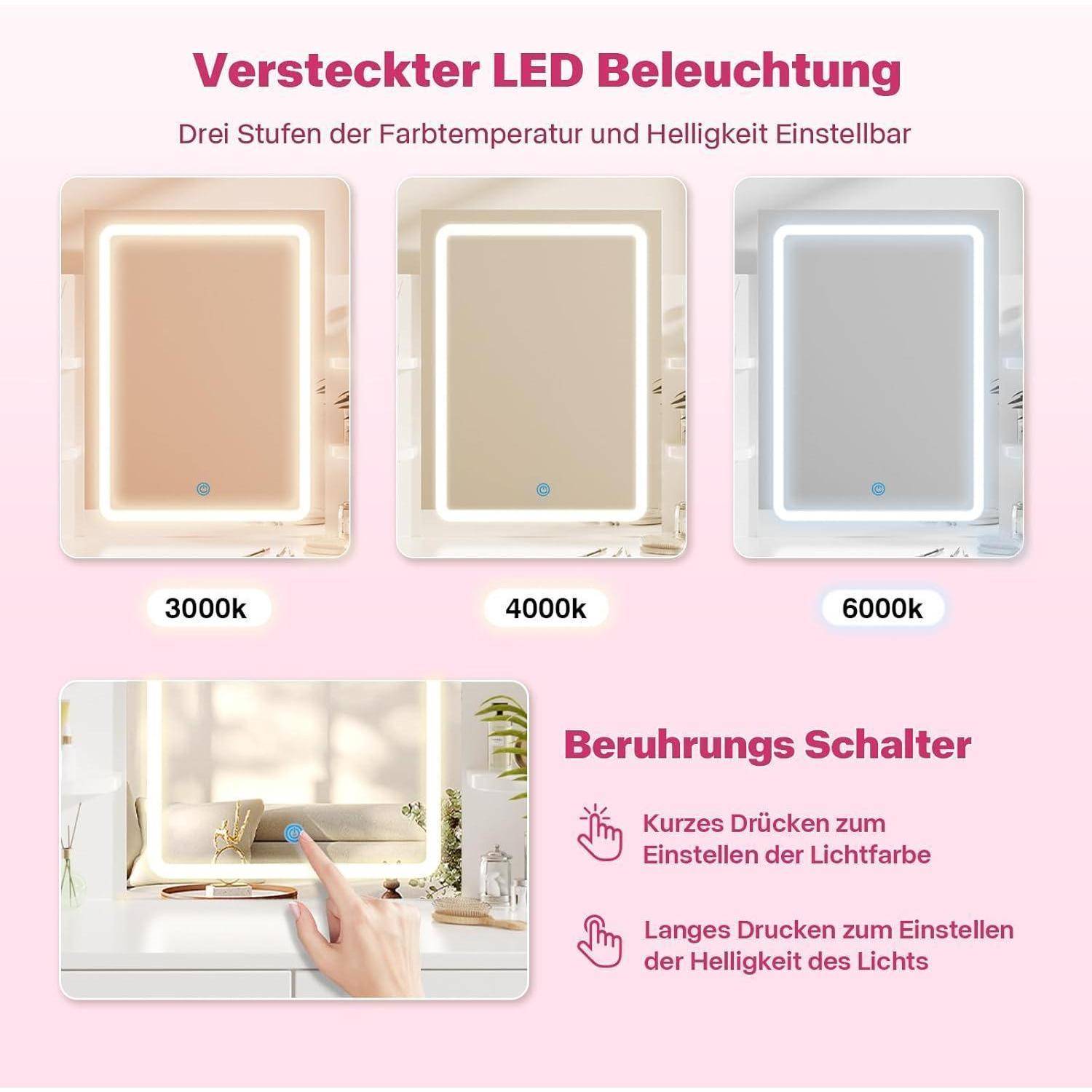 Schminktisch mit LED-Spiegel 108cm Weiß