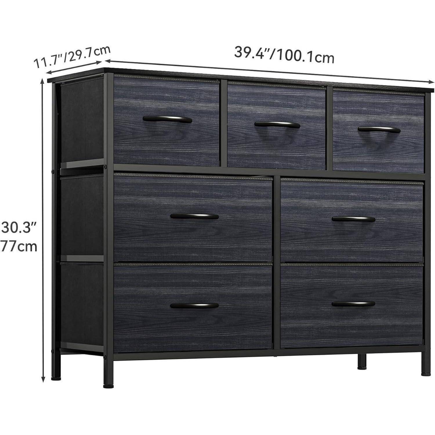 Schwarzer Kommode mit sechs Schubladen, abgebildet mit den Maßen 39,4 x 11,7 x 30,3 Zoll (100,1 x 29,7 x 77 cm).