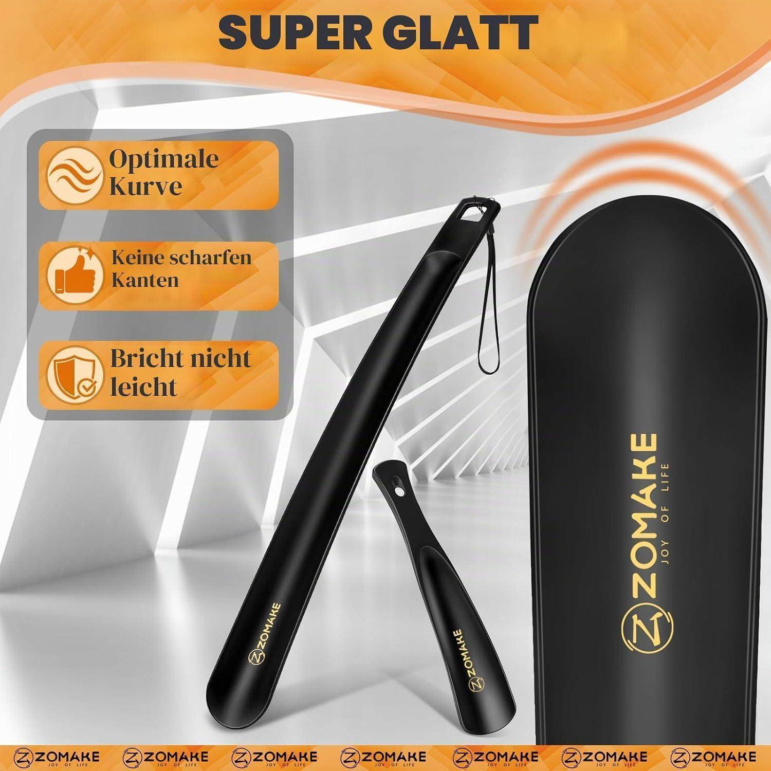 ZOMAKE Faltwerkzeuge Werbebild mit der Überschrift „SUPER GLATT" und deutschen Aussagen: „Optimale Kurve"", „Keine scharfen Kanten"" und „Bricht nicht leicht"".