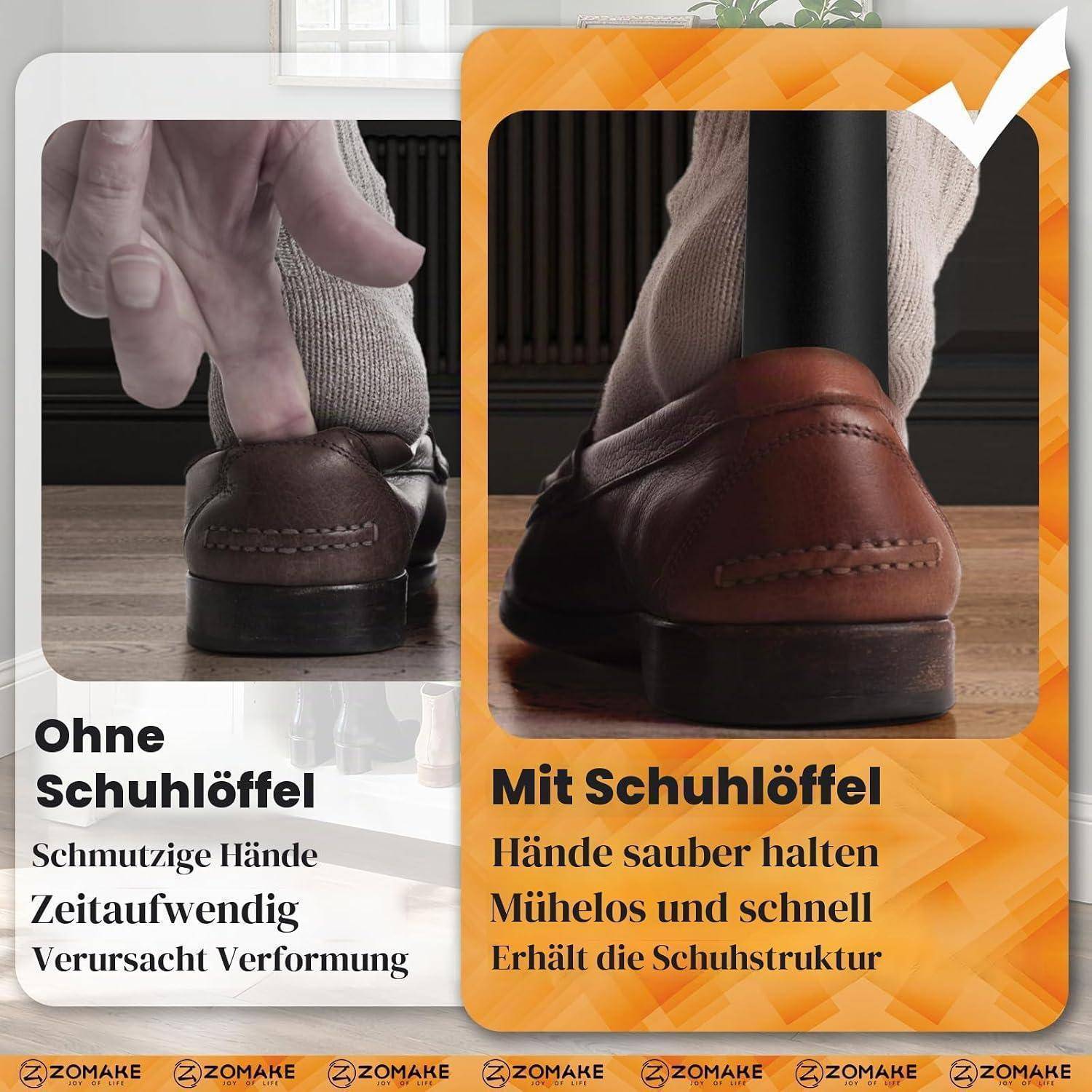 Vergleich des Schuhanzugs nebeneinander: ohne Schuhlöffel, Hände schmutzig und Ferse verformt sich; mit Schuhlöffel, Hände bleiben sauber und Schuh behält seine Form.