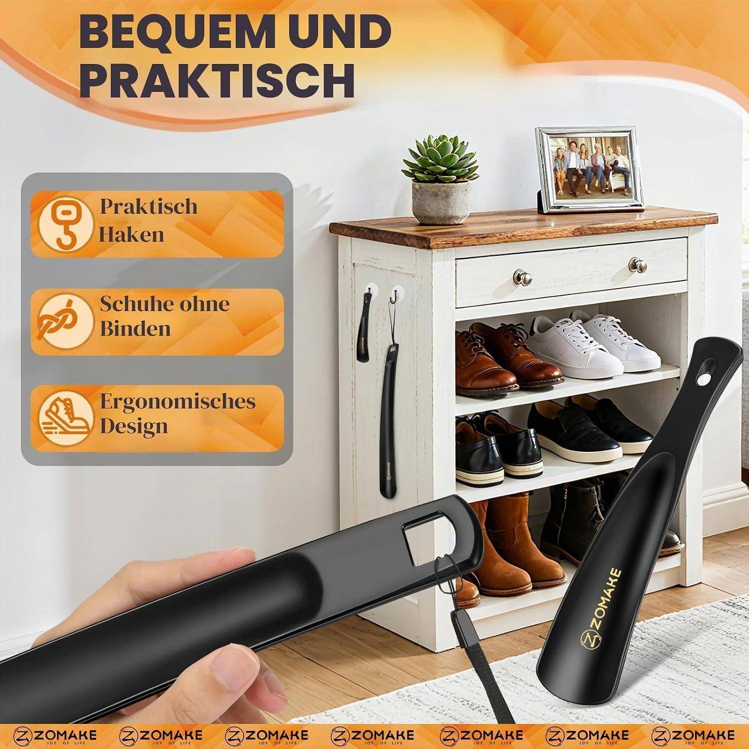 Promotional image eines Schuhanziehers mit deutschem Text „Bequem und praktisch"; hebt praktische Haken, Schuheinsatz ohne Biegen und ergonomisches Design neben einem Schuhregal hervor.