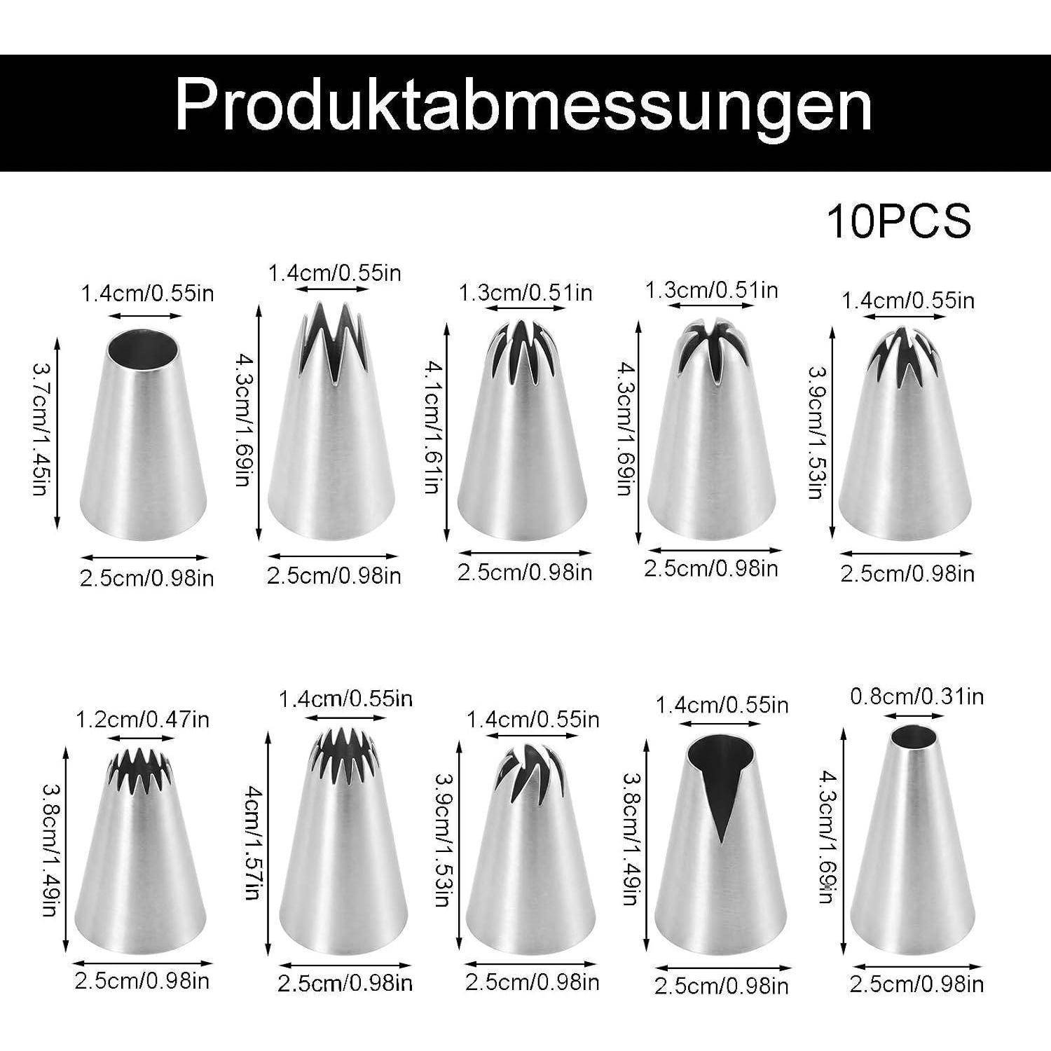 10er Set Spritztüllen Edelstahl Wiederverwendbar für Kuchen & Torten