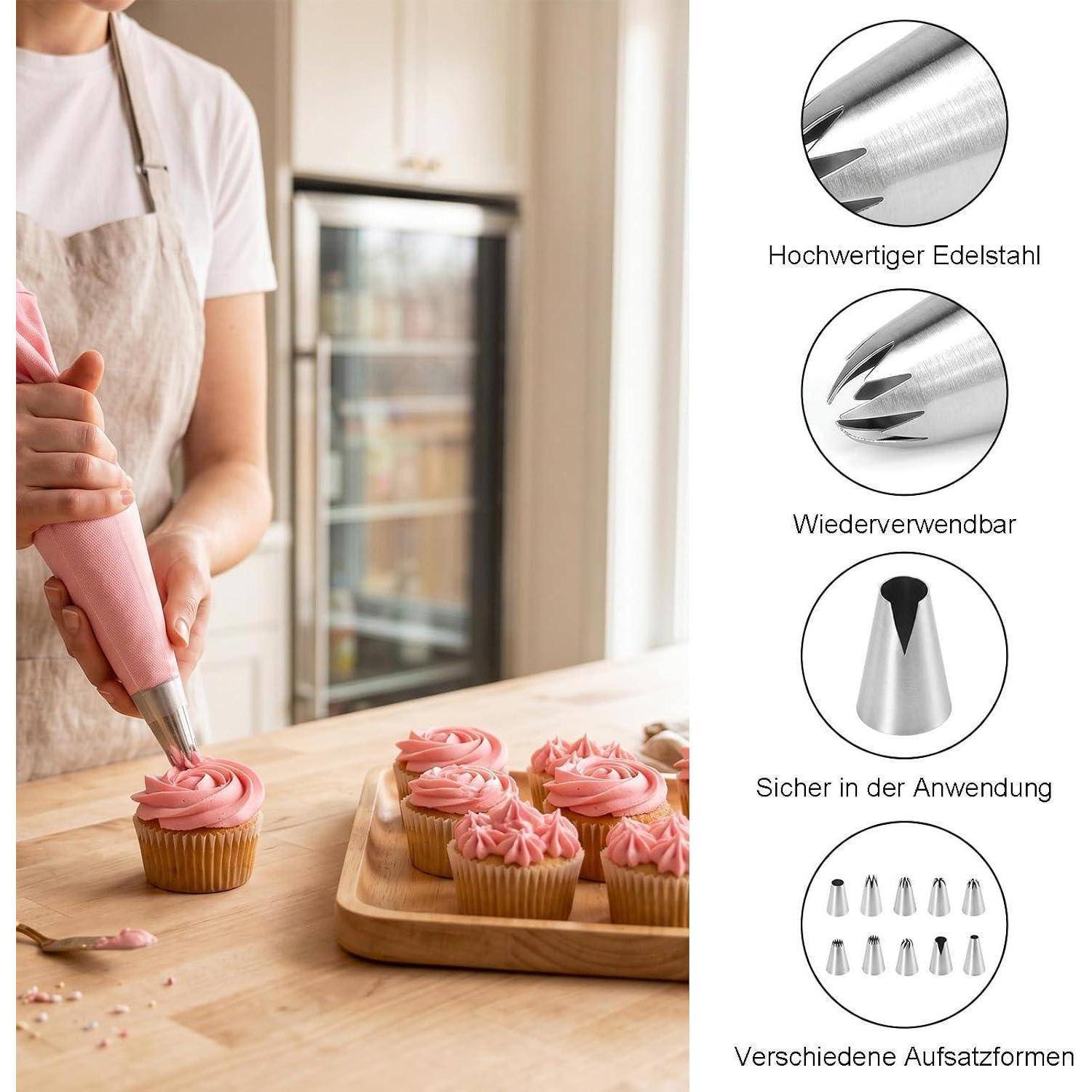Eine Person spritzt rosa Glasur mit einer Metallspritztülle auf einen Cupcake; Symbole an der Seite heben Edelstahl, Wiederverwendbarkeit, sichere Verwendung und mehrere Düsenformen hervor.