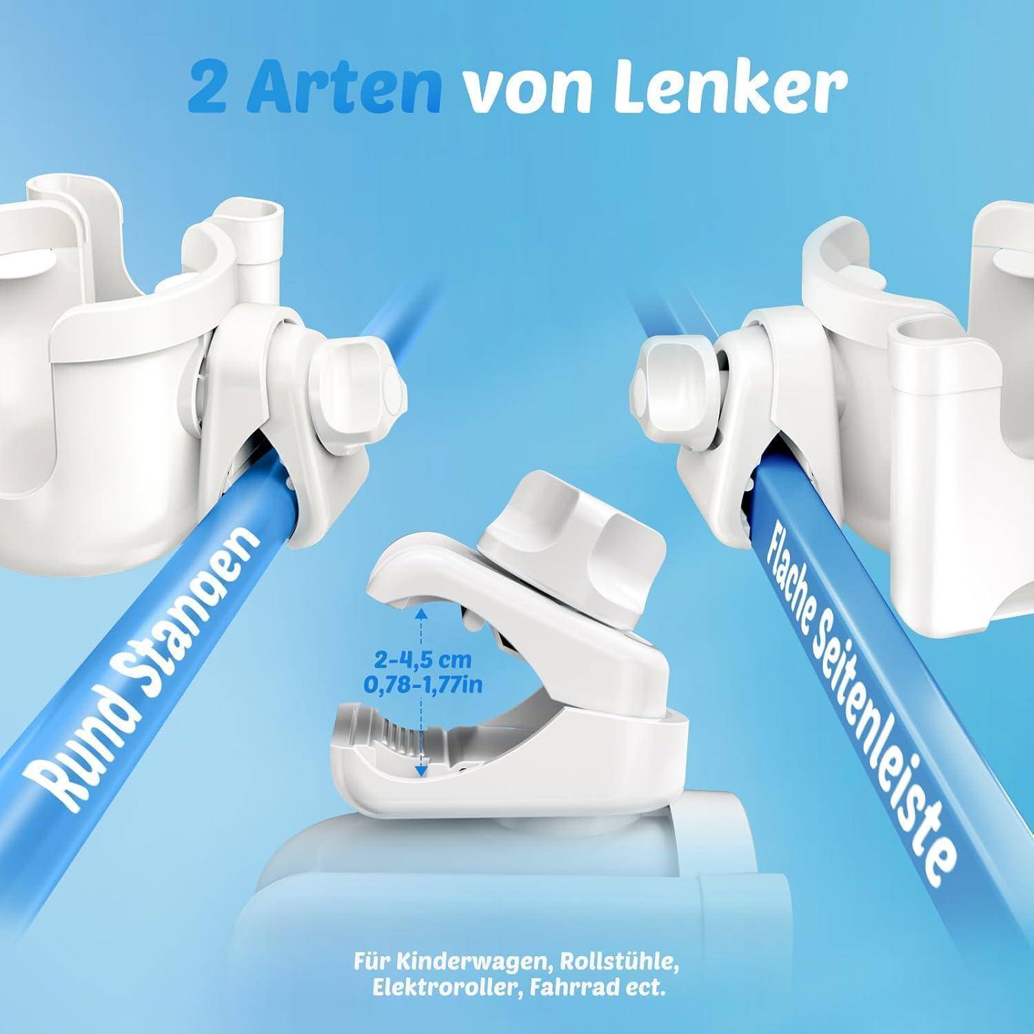 Diagramm zweier Griffstangentypen für eine Klemmhalterung: Rundstangen und Flachstäbe, passt für 2–4,5 cm, für Kinderwagen, Rollstühle und E-Scooter.