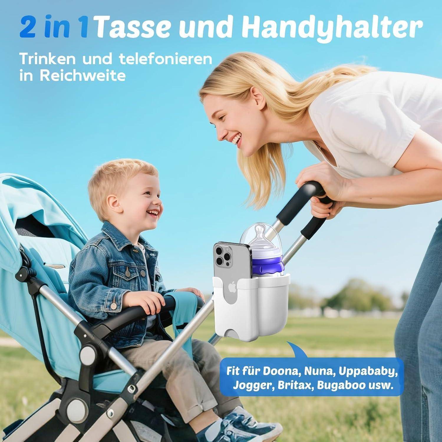 Getränkehalter Kinderwagen mit Handyhalter Weiß
