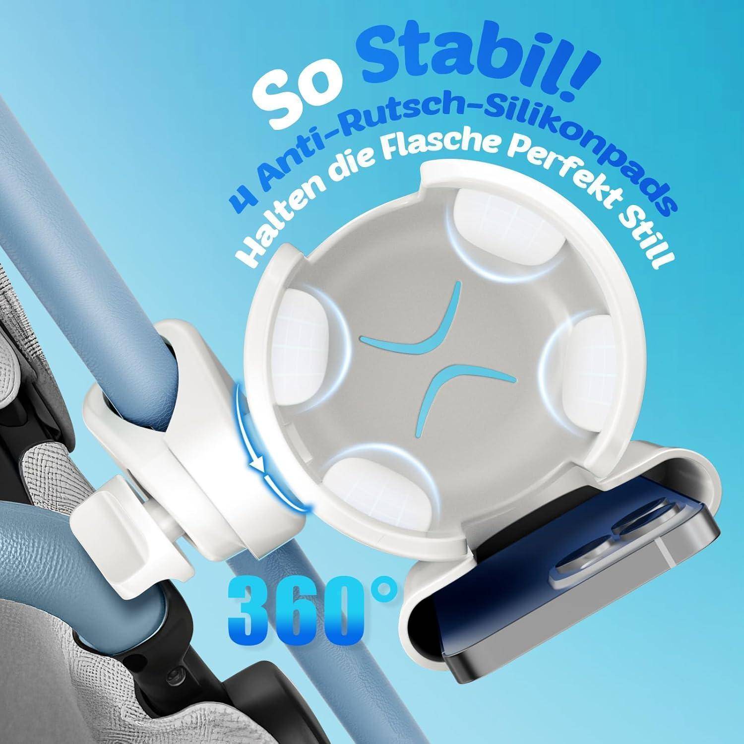 Werbebild eines Kinderwagen-Getränkehalters mit einer aufrecht gesicherten Flasche, beschriftet mit „So Stabil! 4 Anti-Rutsch-Silikonpads Halten die Flasche Perfekt Still
