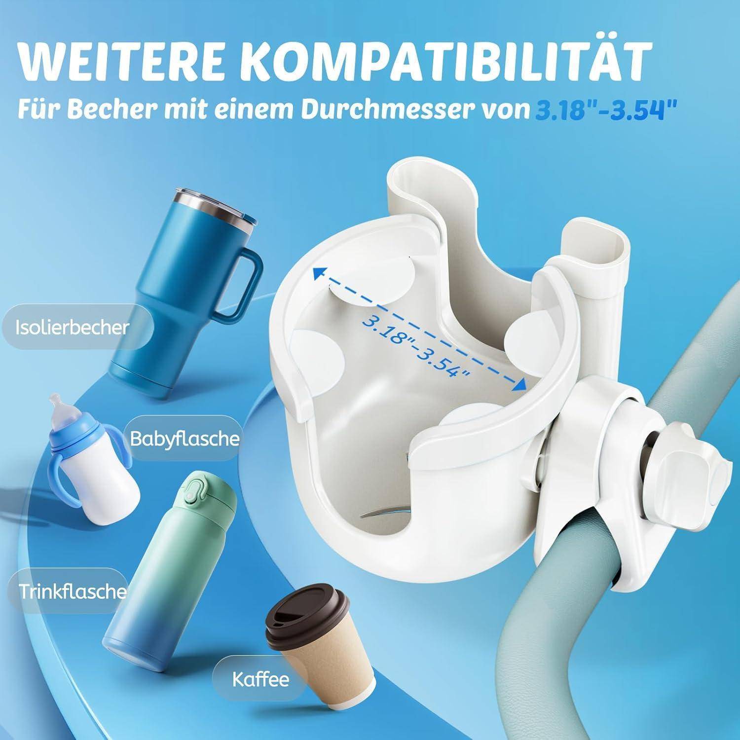 Universelle Becherhalter-Kompatibilität für Behälter mit einer Breite von 3,18–3,54 Zoll, gezeigt beim Halten eines isolierten Tumblers, einer Babyflasche, einer Wasserflasche und einer Kaffeetasse.
