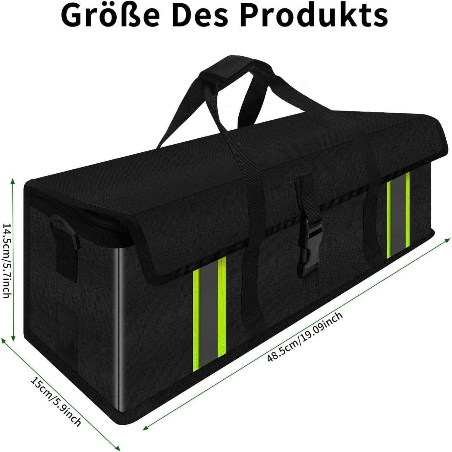 Schwarze isolierte Tragetasche mit Griffen und Schnalle, beschriftet mit „Größe Des Produkts