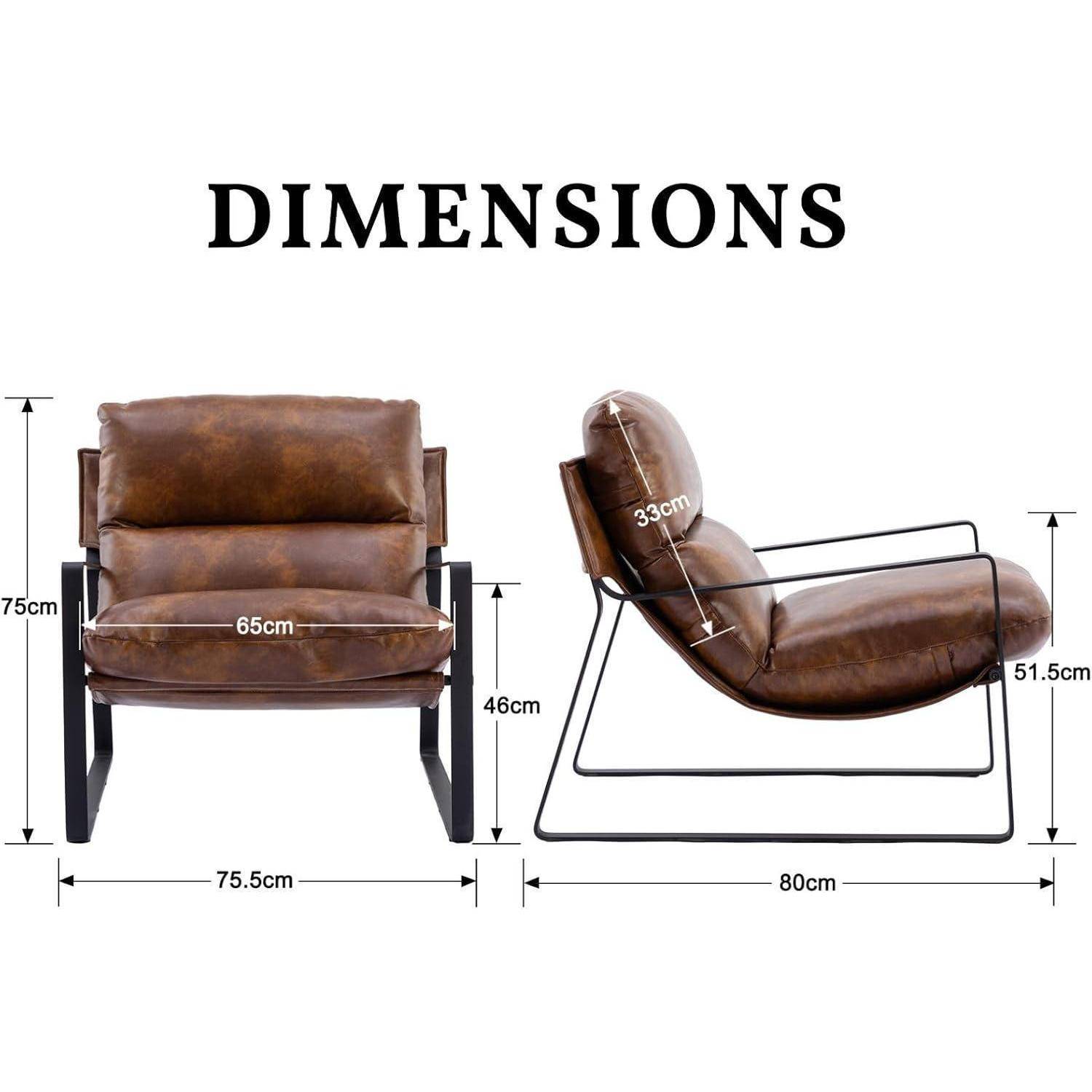 Dimensionsdiagramm eines braunen Loungesesels mit Vorder- und Seitenansichten und Maßangaben: 75cm Höhe, 75,5cm Breite, 65cm Sitzbreite, 46cm Sitzhöhe, 80cm Tiefe, 51,5cm Höhe, 33cm Rückenlehnentiefe.