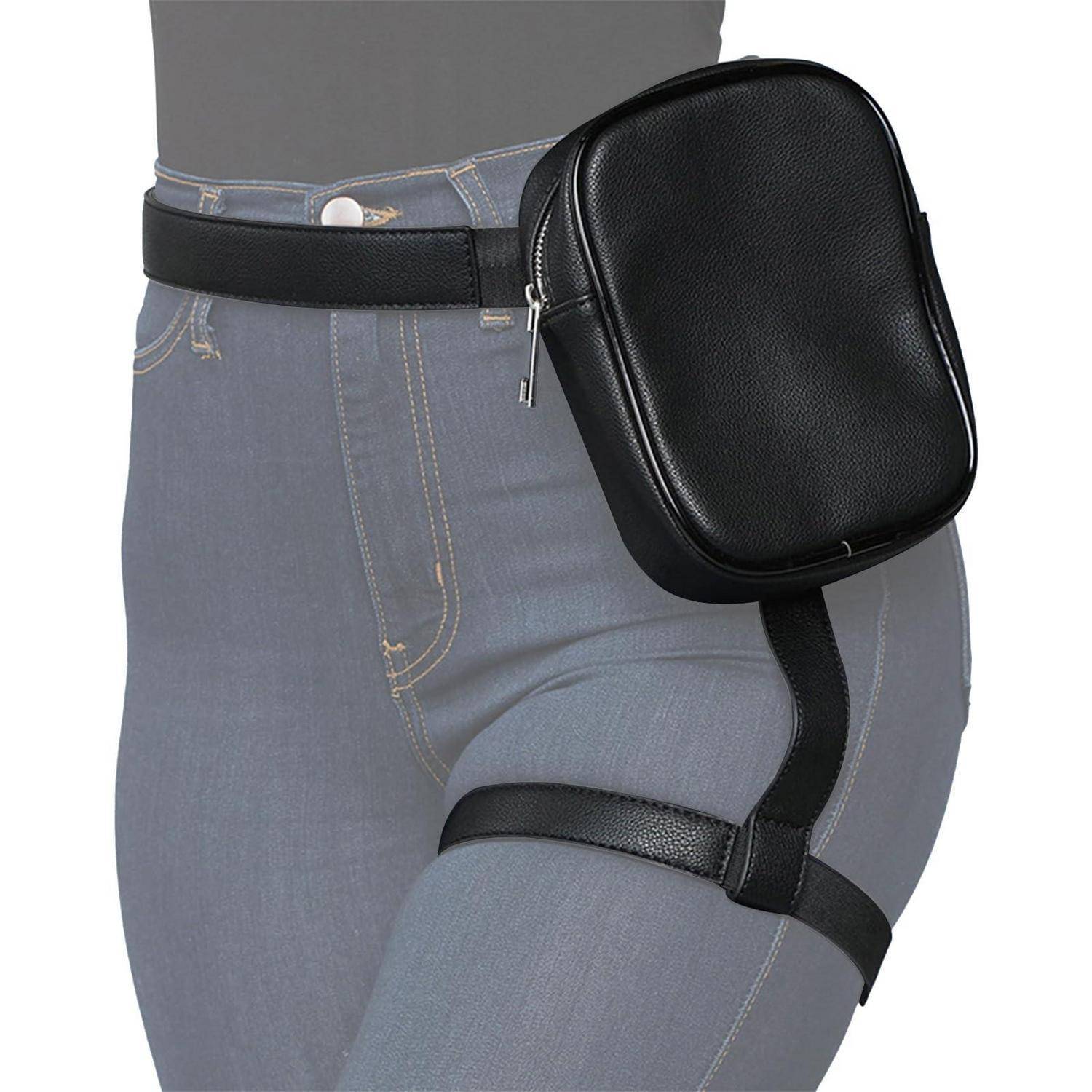 Schwarzes Oberschenkelholster mit einer verschlossenen Tasche, die um die Hüfte und den Oberschenkel einer Person befestigt ist.