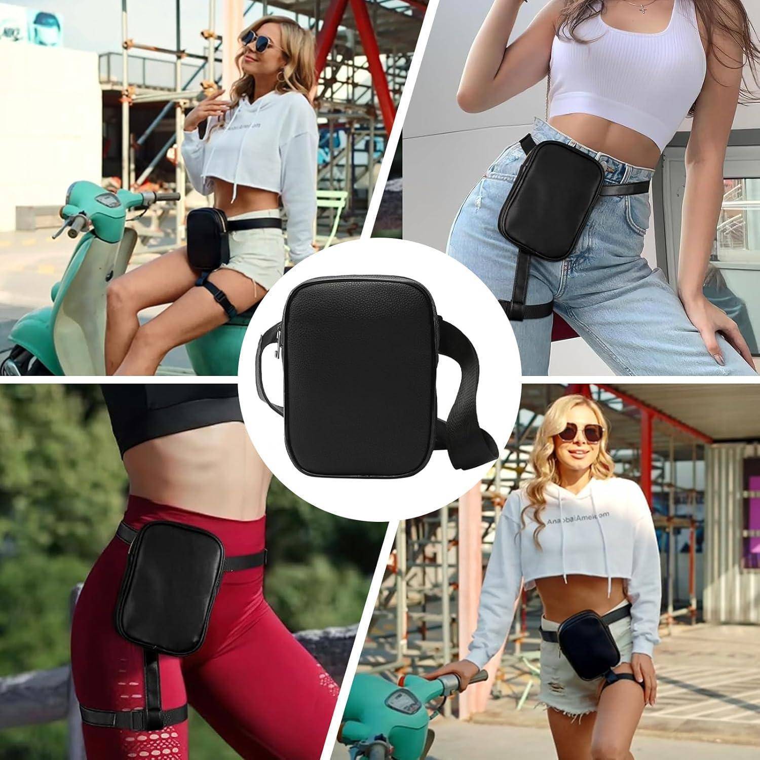 Collage zeigt eine schwarze Crossbody-Oberschenkeltasche, die von Frauen in lässigen Outfits getragen wird, einschließlich einer zentralen Produktnahaufnahme.